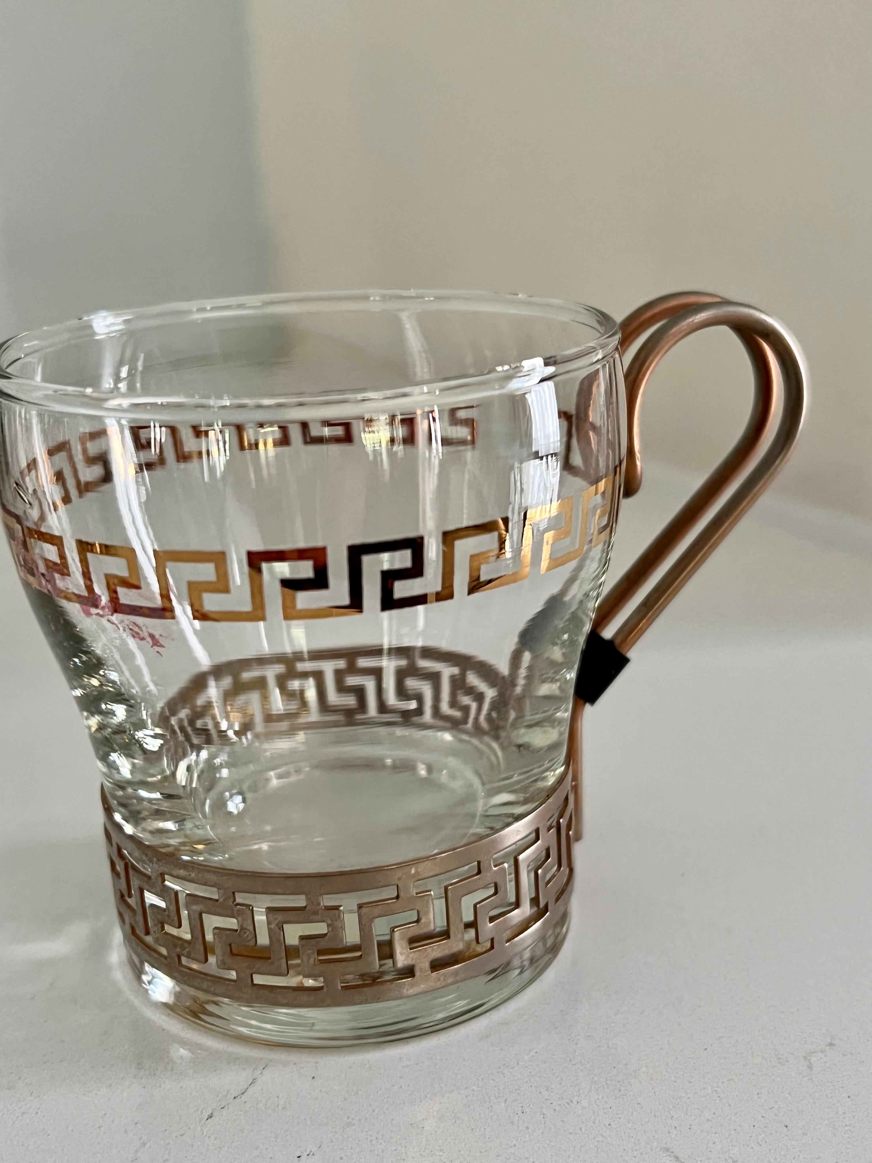 Set of 6 Glasses in Copper Holder with Greek Key Details For Sale 3