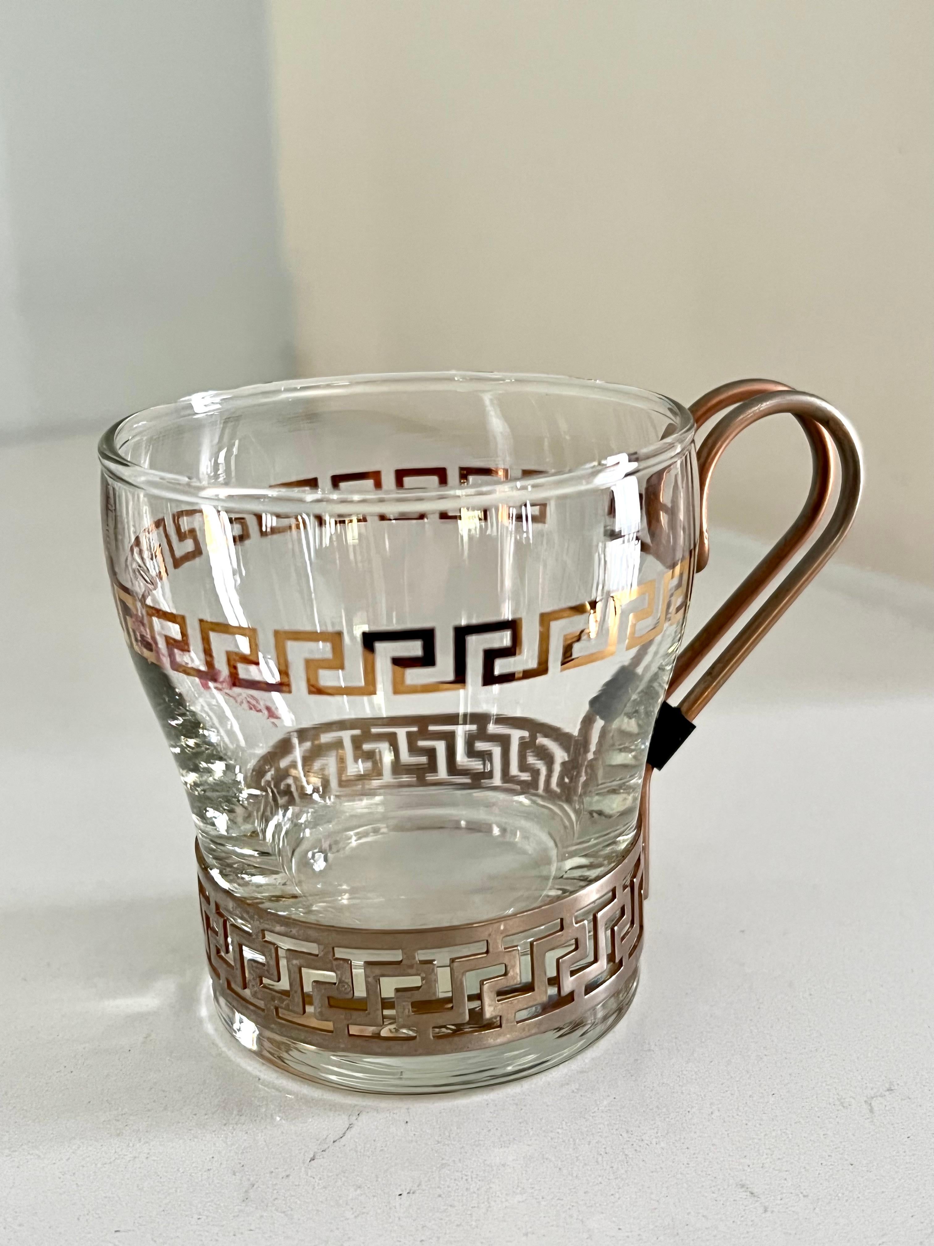 Set of 6 Glasses in Copper Holder with Greek Key Details For Sale 4