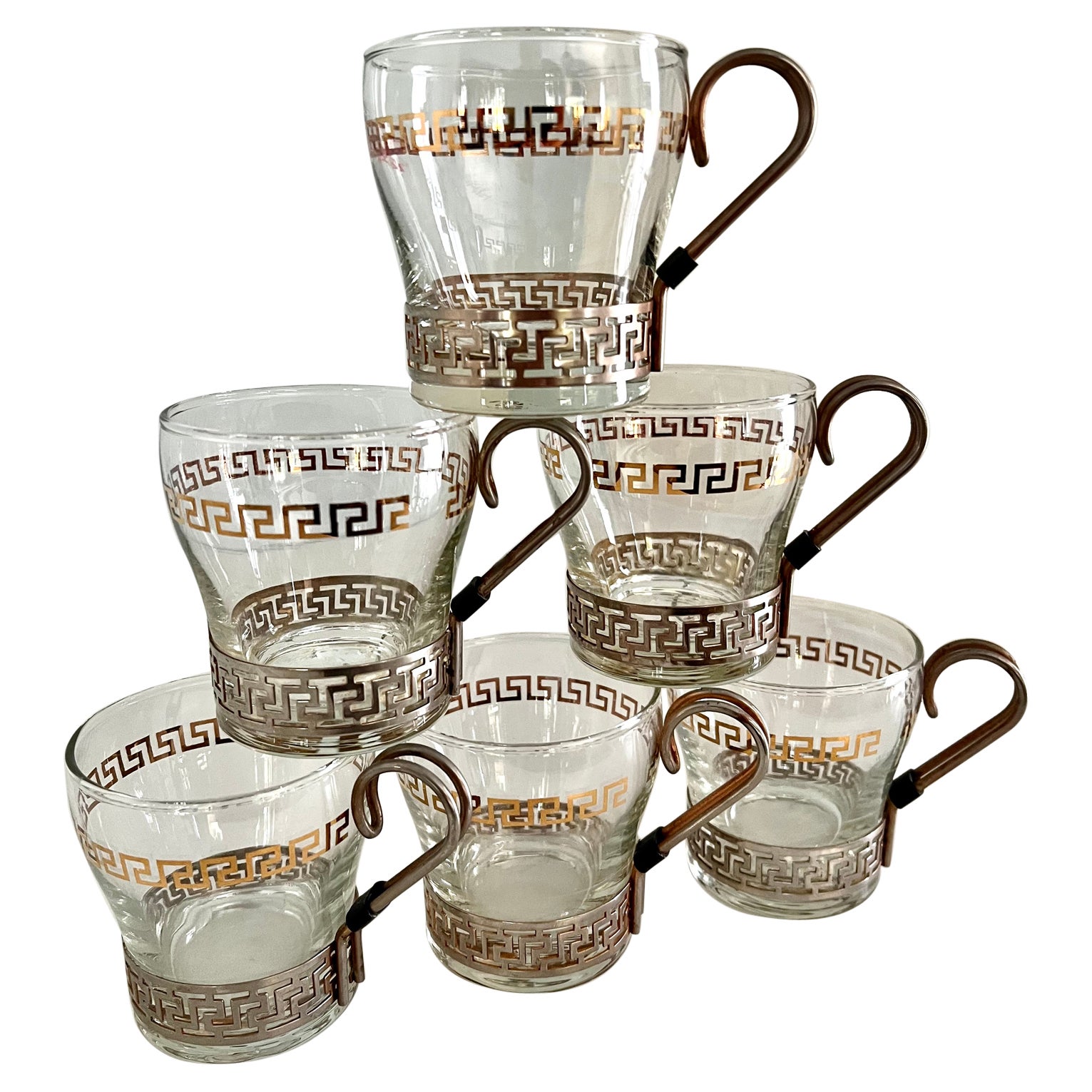 Set of 6 Glasses in Copper Holder with Greek Key Details