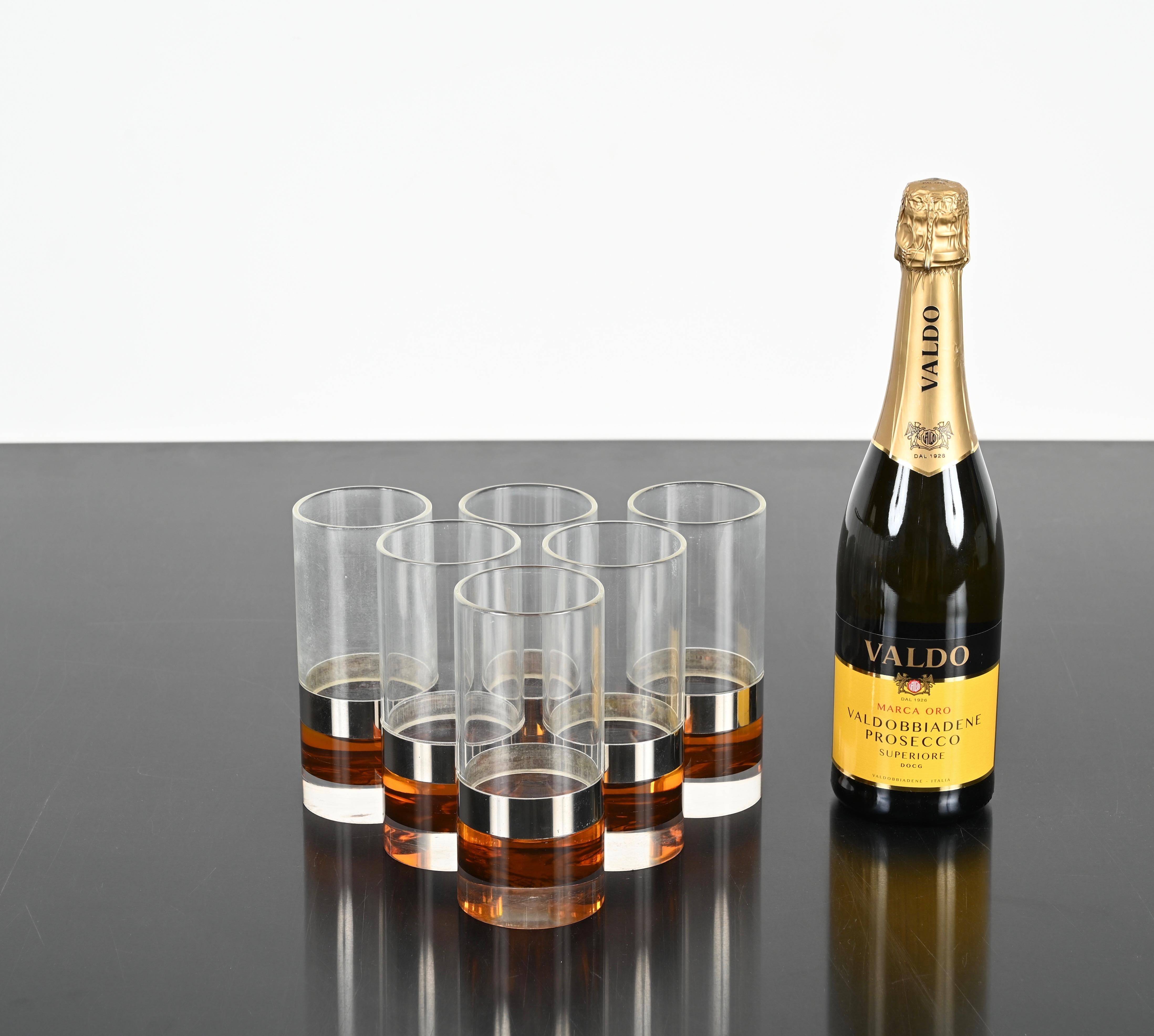 Set of 6 Glasses in Tortoiseshell Lucite and Chrome, Christian Dior, Italy 1970s For Sale 6