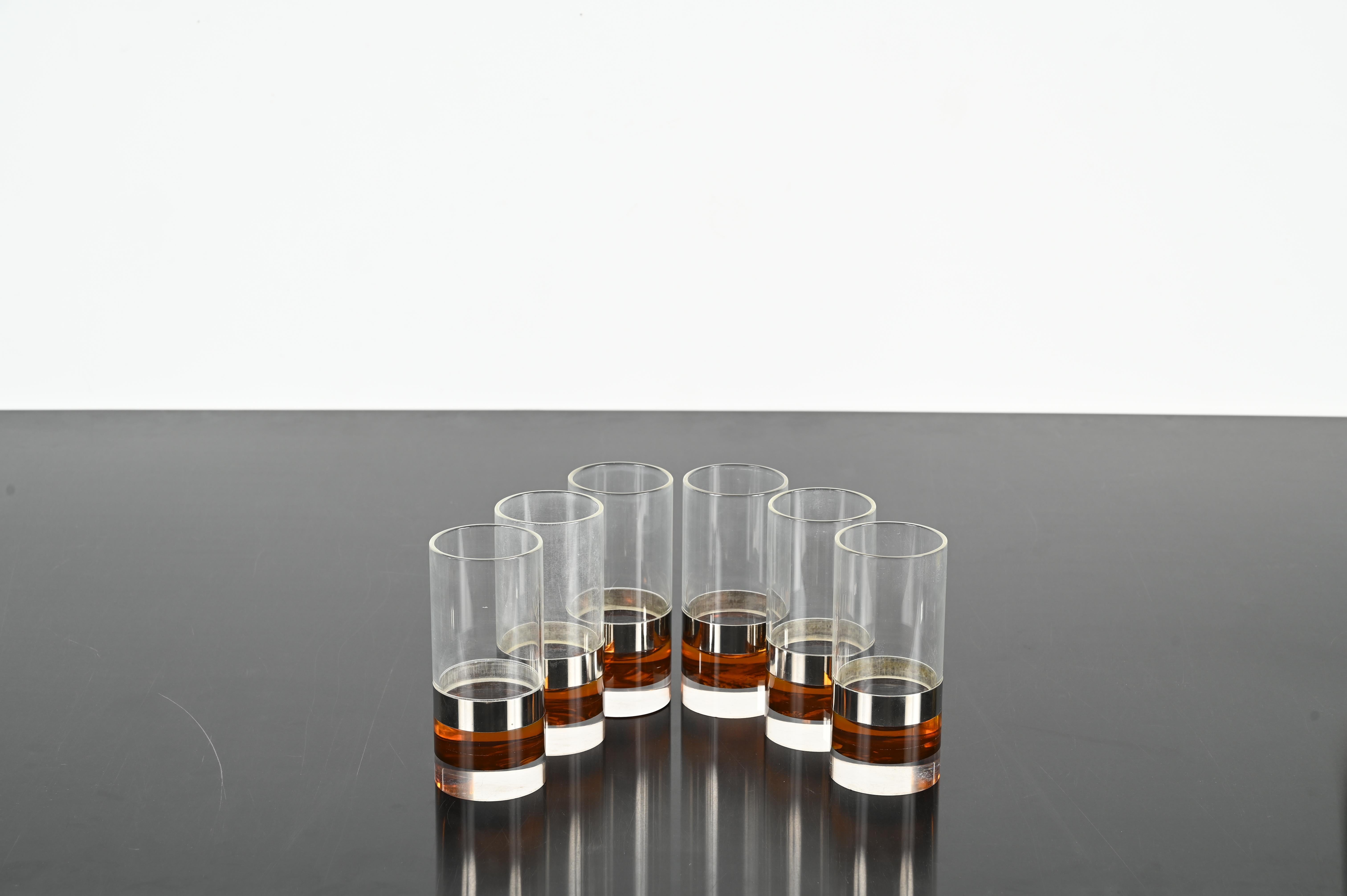 Set of 6 Glasses in Tortoiseshell Lucite and Chrome, Christian Dior, Italy 1970s For Sale 7