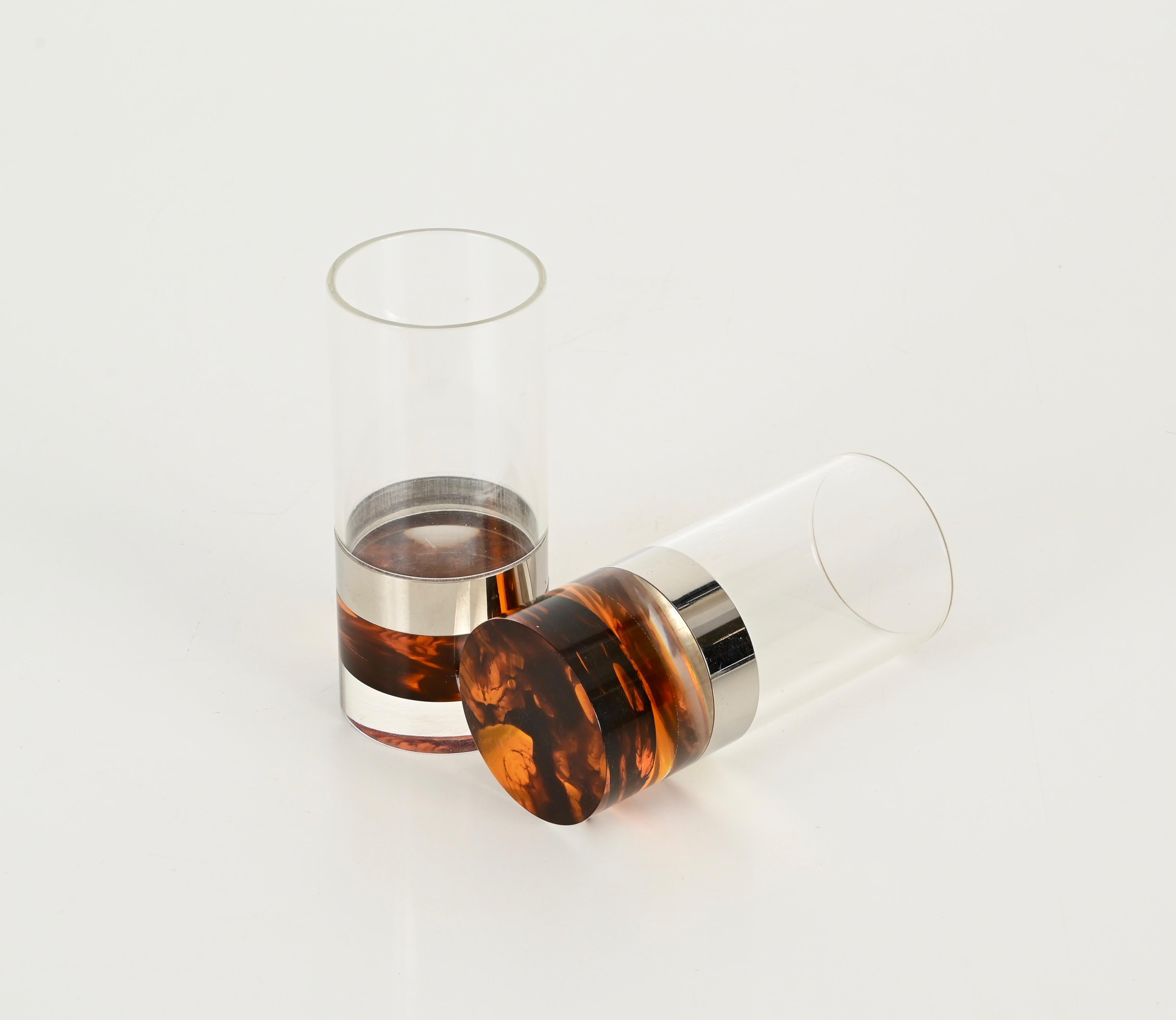 Mid-Century Modern Set of 6 Glasses in Tortoiseshell Lucite and Chrome, Christian Dior, Italy 1970s For Sale