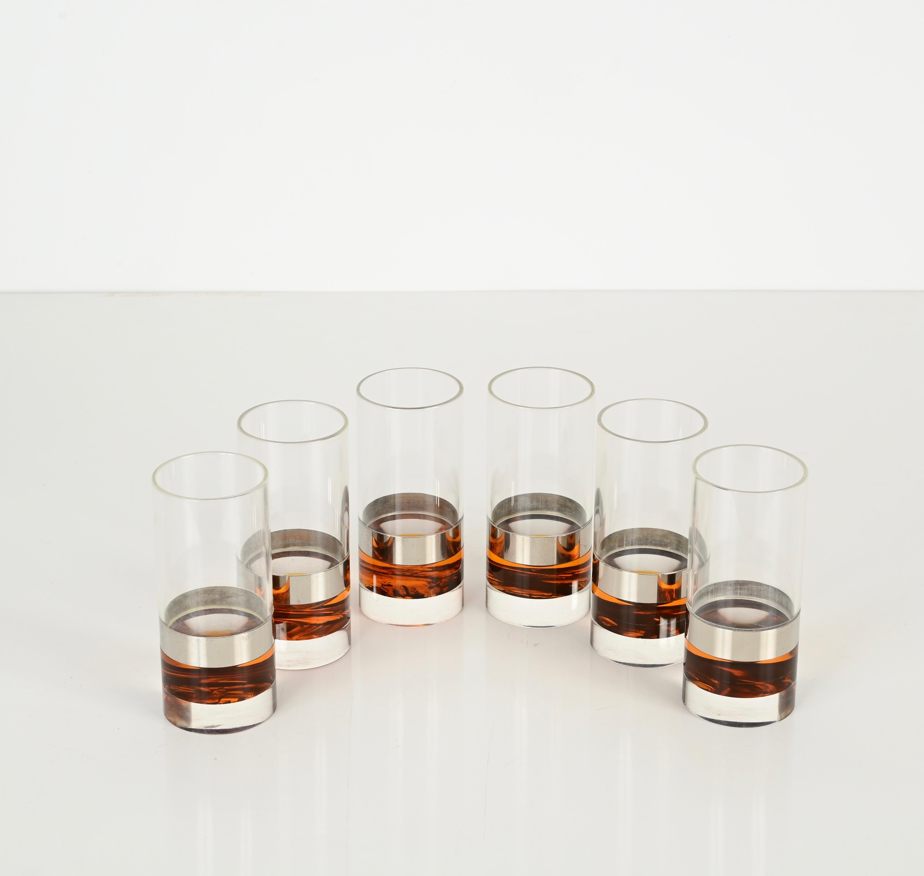 Set of 6 Glasses in Tortoiseshell Lucite and Chrome, Christian Dior, Italy 1970s In Good Condition For Sale In Roma, IT