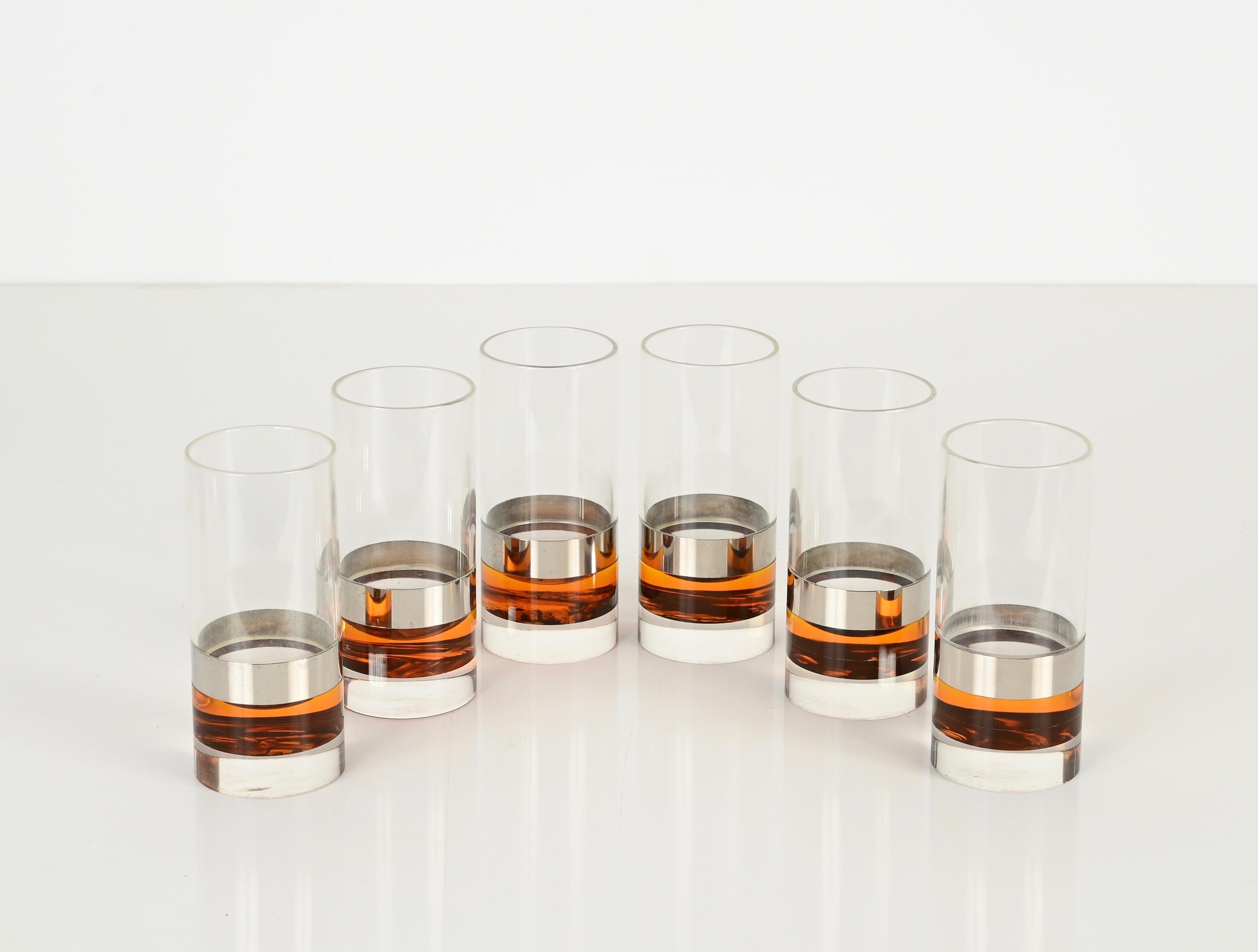Set of 6 Glasses in Tortoiseshell Lucite and Chrome, Christian Dior, Italy 1970s For Sale 2