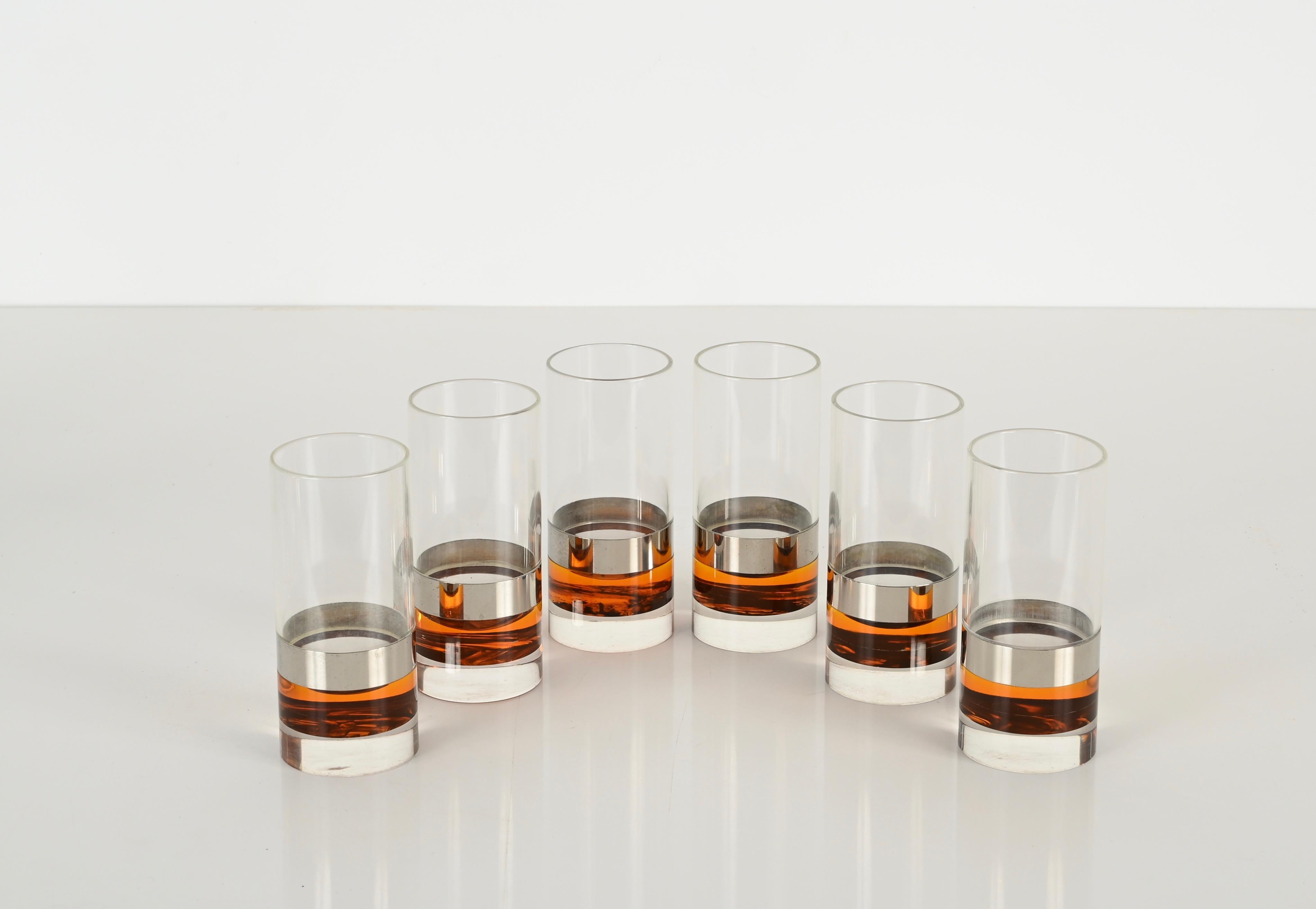 Set of 6 Glasses in Tortoiseshell Lucite and Chrome, Christian Dior, Italy 1970s For Sale 3