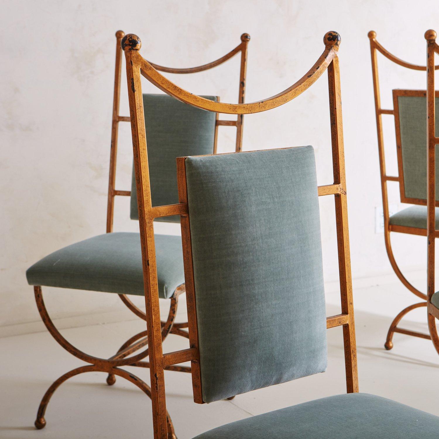 Set of 6 Gold Dining Chairs in Seafoam Green Velvet, France 20th Century 4