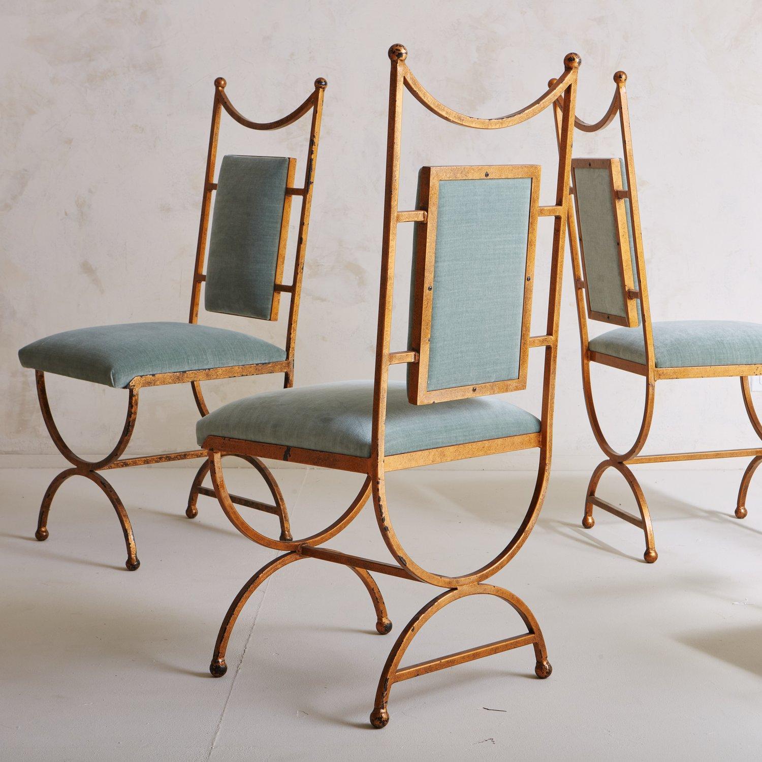 Set of 6 Gold Dining Chairs in Seafoam Green Velvet, France 20th Century 6