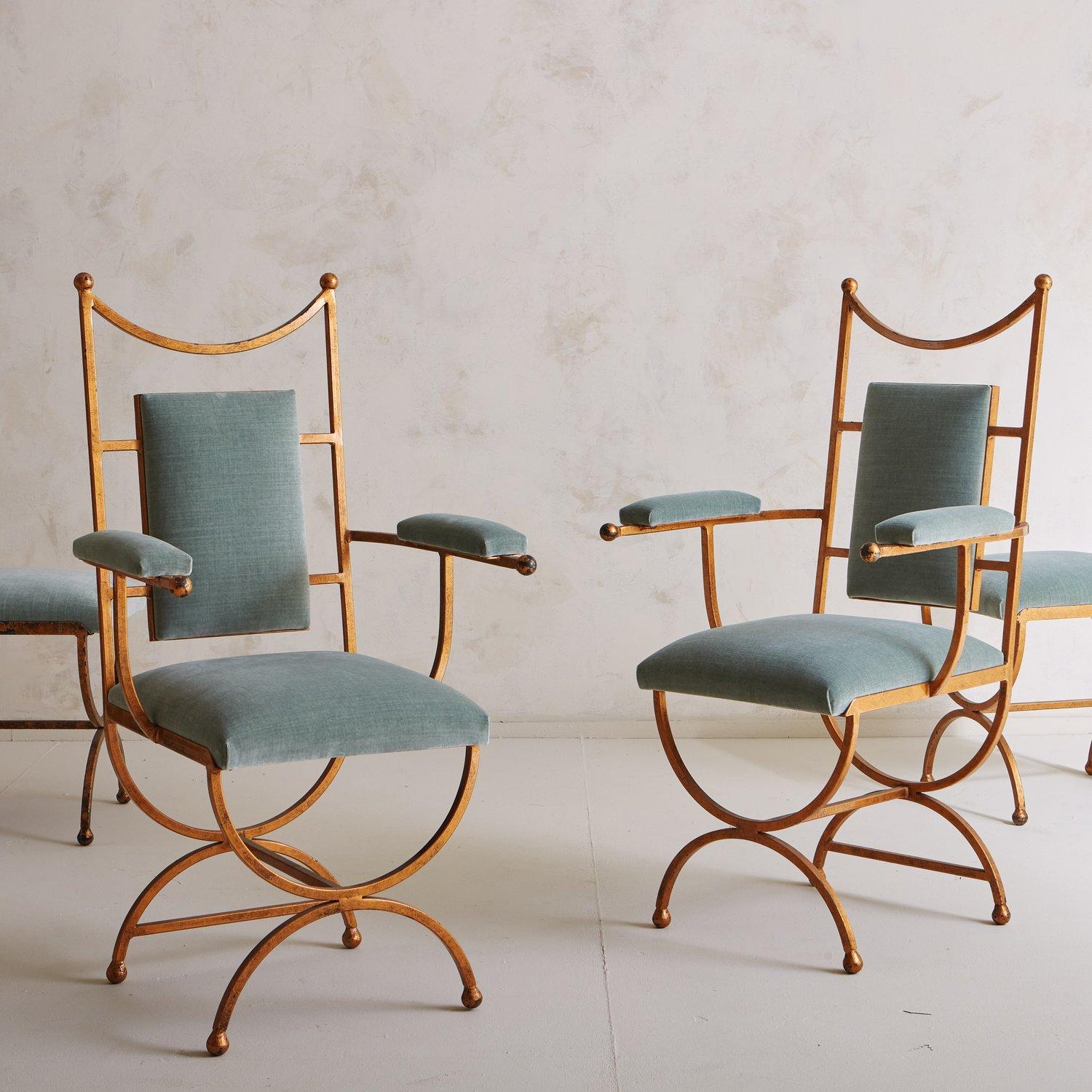 Set of 6 Gold Dining Chairs in Seafoam Green Velvet, France 20th Century 8