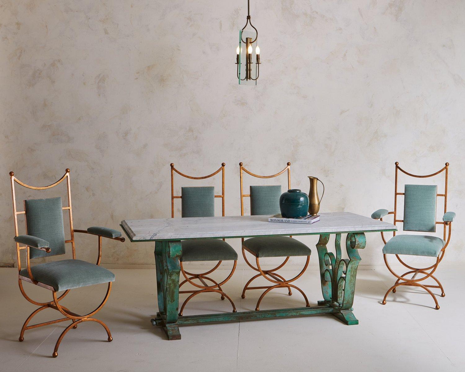 Mid-Century Modern Set of 6 Gold Dining Chairs in Seafoam Green Velvet, France 20th Century