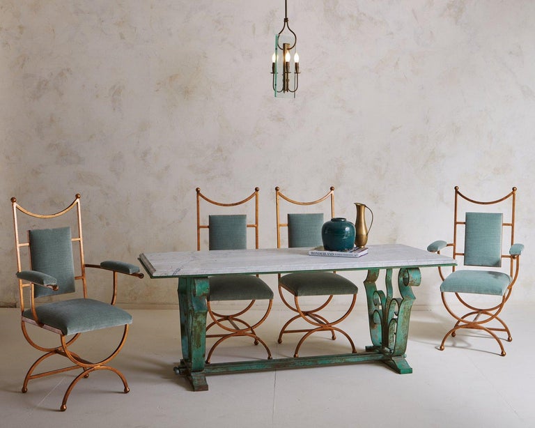 Set of 6 Gold Dining Chairs in Seafoam Green Velvet, France 20th