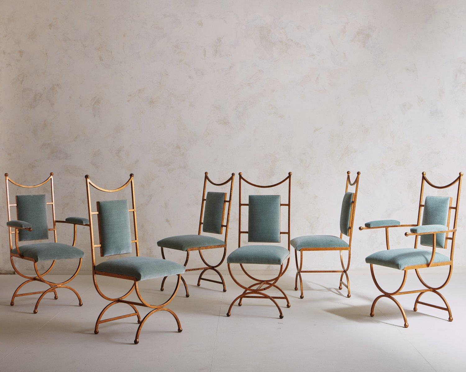 French Set of 6 Gold Dining Chairs in Seafoam Green Velvet, France 20th Century