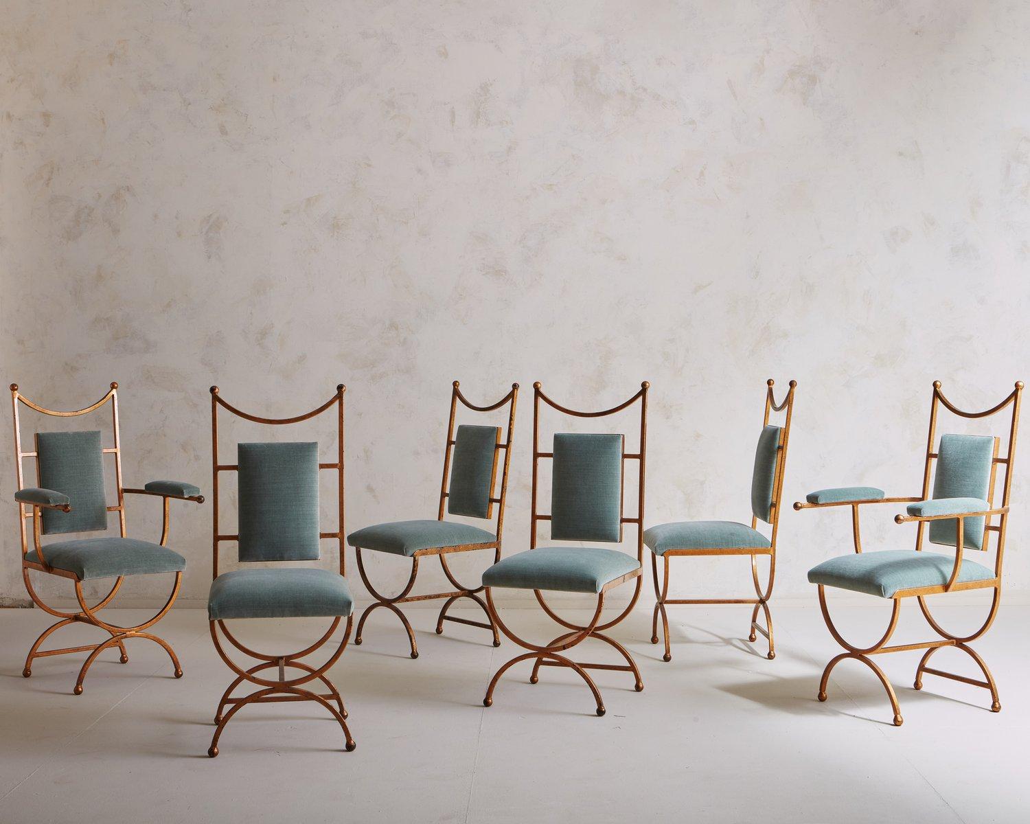 Set of 6 Gold Dining Chairs in Seafoam Green Velvet, France 20th Century In Good Condition In Chicago, IL