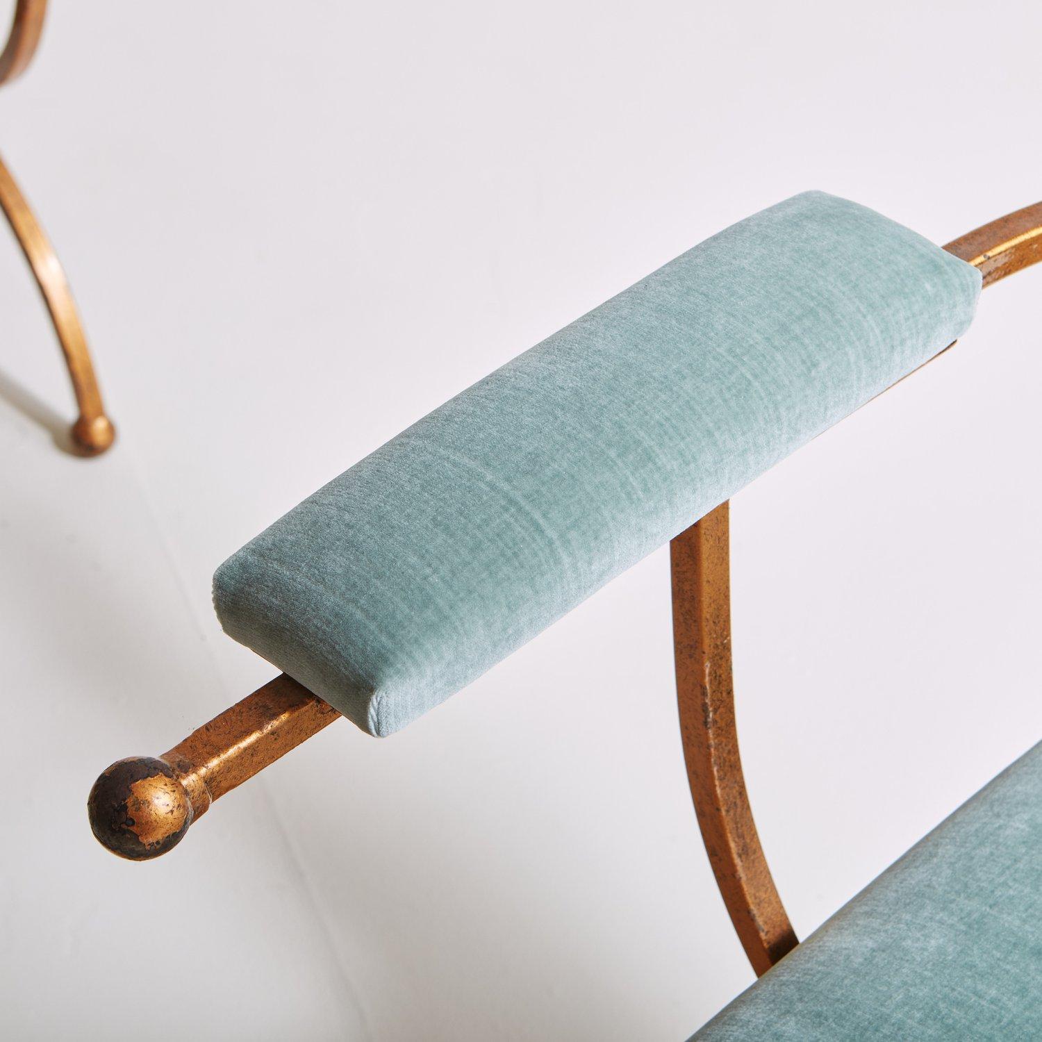 Set of 6 Gold Dining Chairs in Seafoam Green Velvet, France 20th Century 3