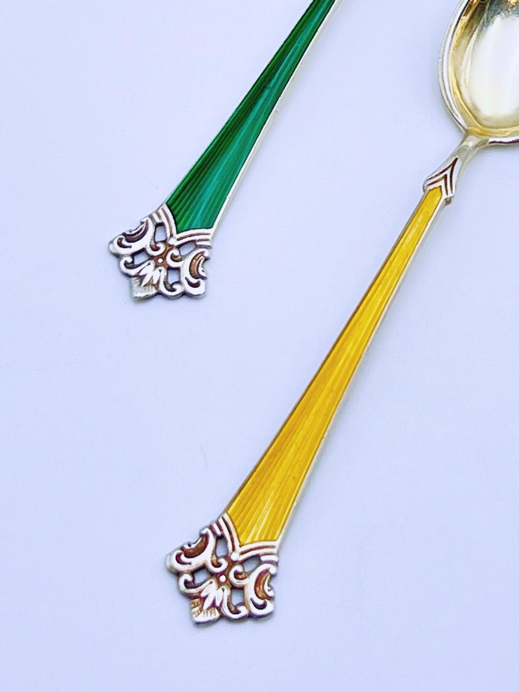 Mid-Century Modern Set of 6 Gold Gilt Sterling Silver & Enamel Spoons by Magnus Aase, Norway For Sale
