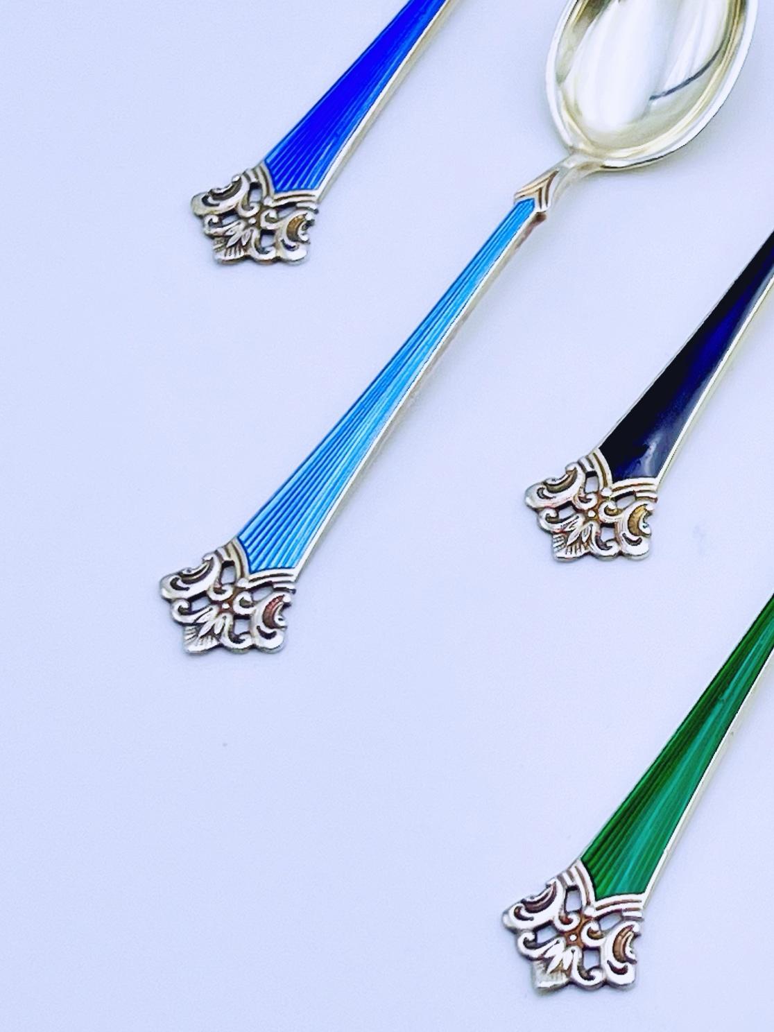 Norwegian Set of 6 Gold Gilt Sterling Silver & Enamel Spoons by Magnus Aase, Norway For Sale