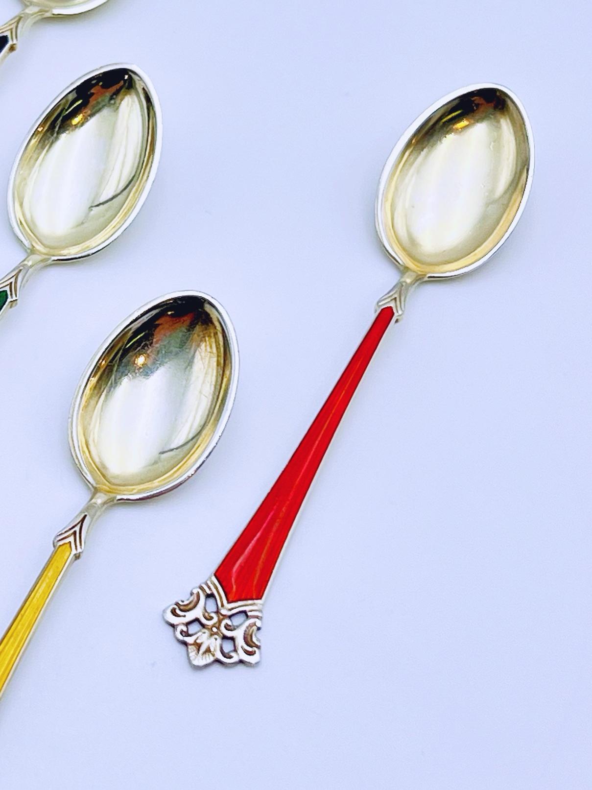 Set of 6 Gold Gilt Sterling Silver & Enamel Spoons by Magnus Aase, Norway In Good Condition For Sale In Skien, NO