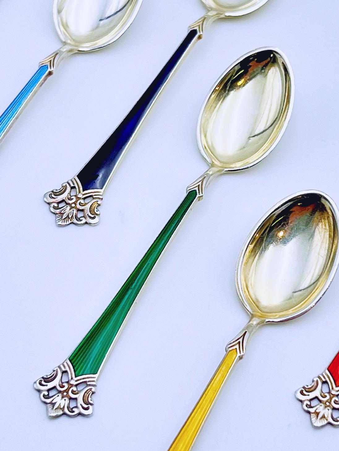 20th Century Set of 6 Gold Gilt Sterling Silver & Enamel Spoons by Magnus Aase, Norway For Sale