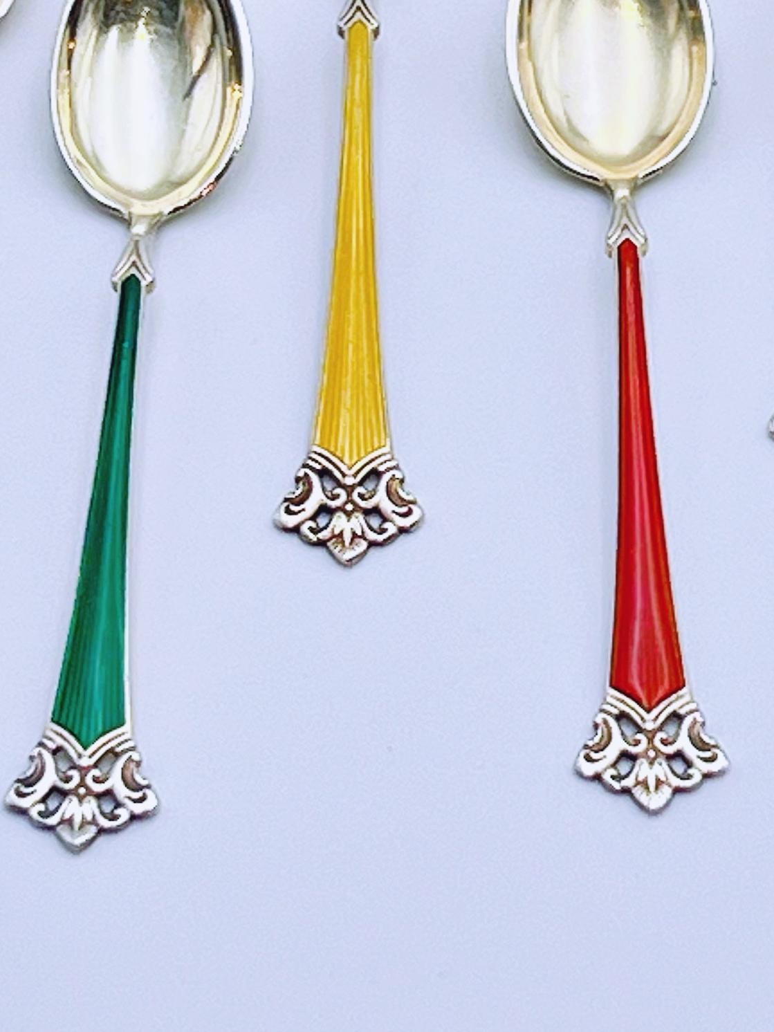 Gold Plate Set of 6 Gold Gilt Sterling Silver & Enamel Spoons by Magnus Aase, Norway For Sale