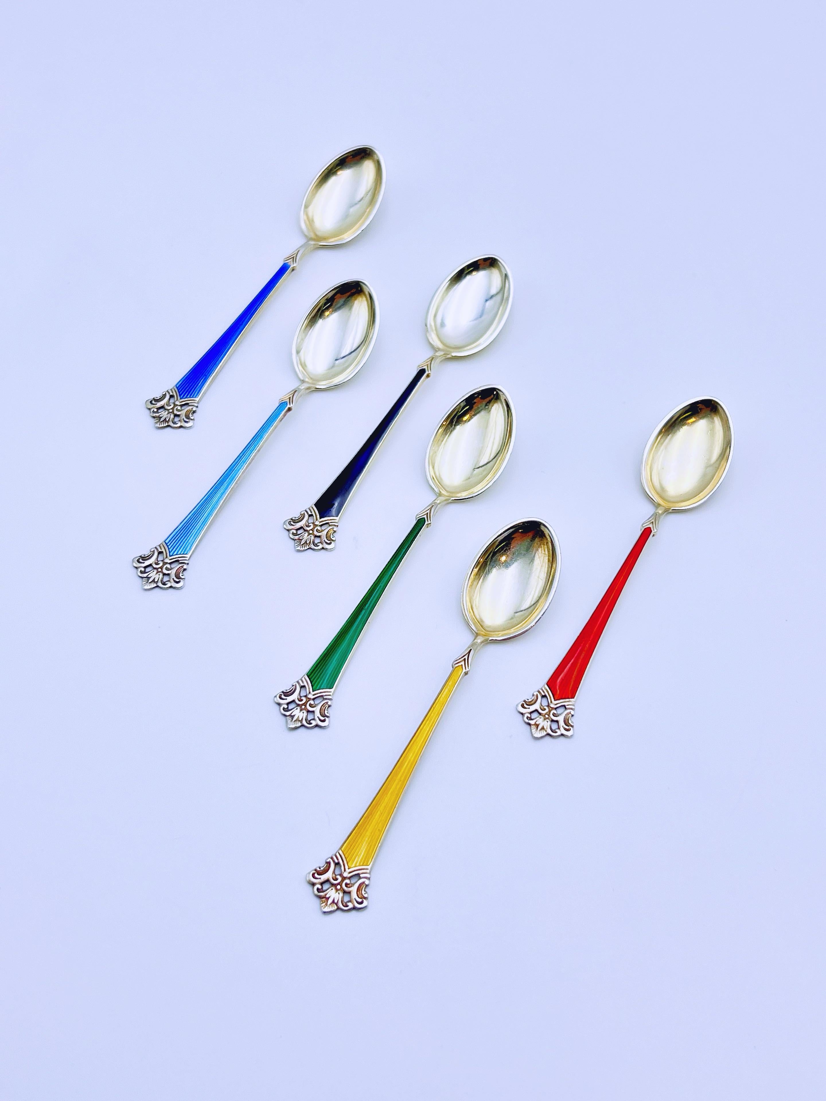 Set of 6 Gold Gilt Sterling Silver & Enamel Spoons by Magnus Aase, Norway For Sale 1