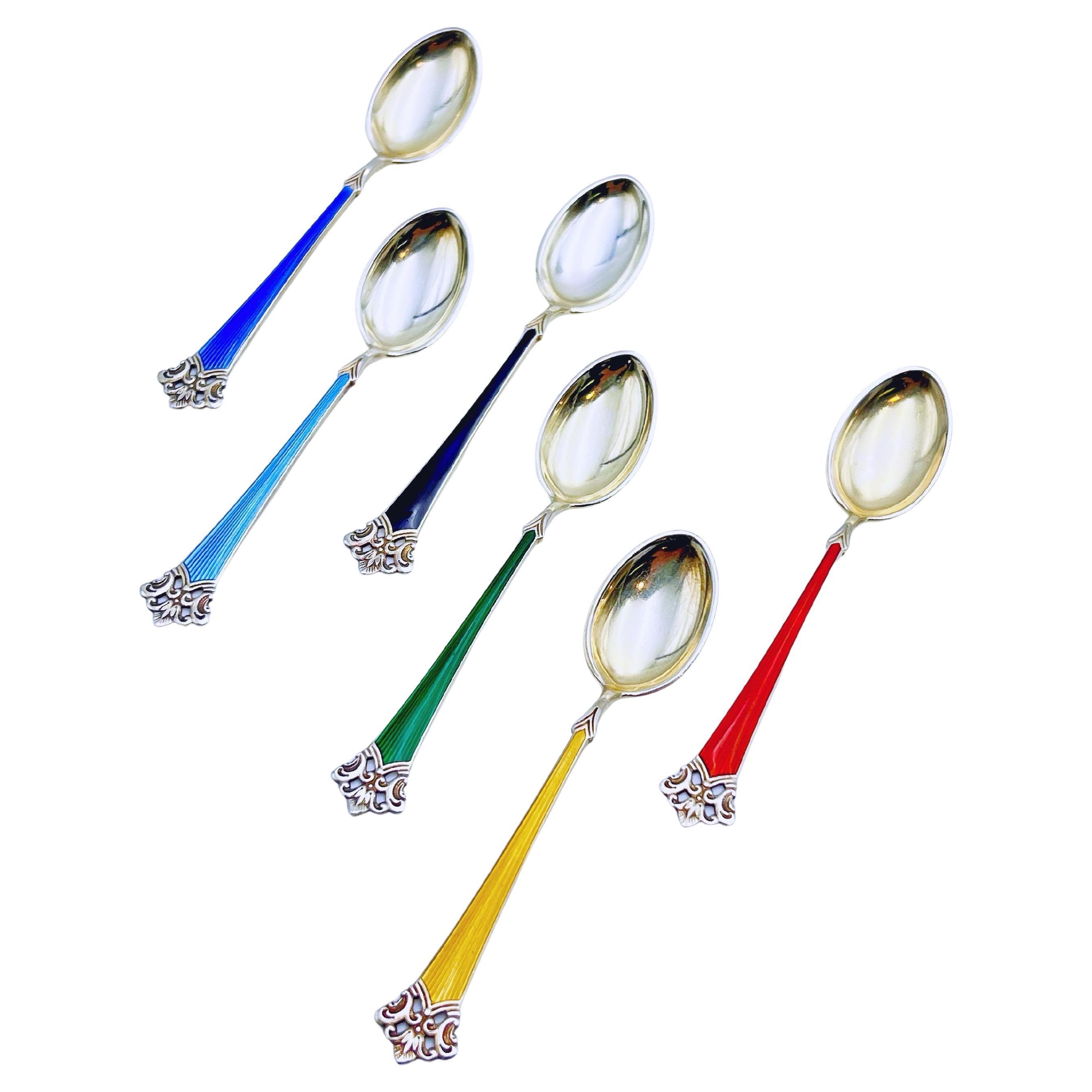 Set of 6 Gold Gilt Sterling Silver & Enamel Spoons by Magnus Aase, Norway For Sale