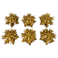 Set of 6 Golden Florentine Flower Shape Flushmounts by Banci, Italy, 1970s