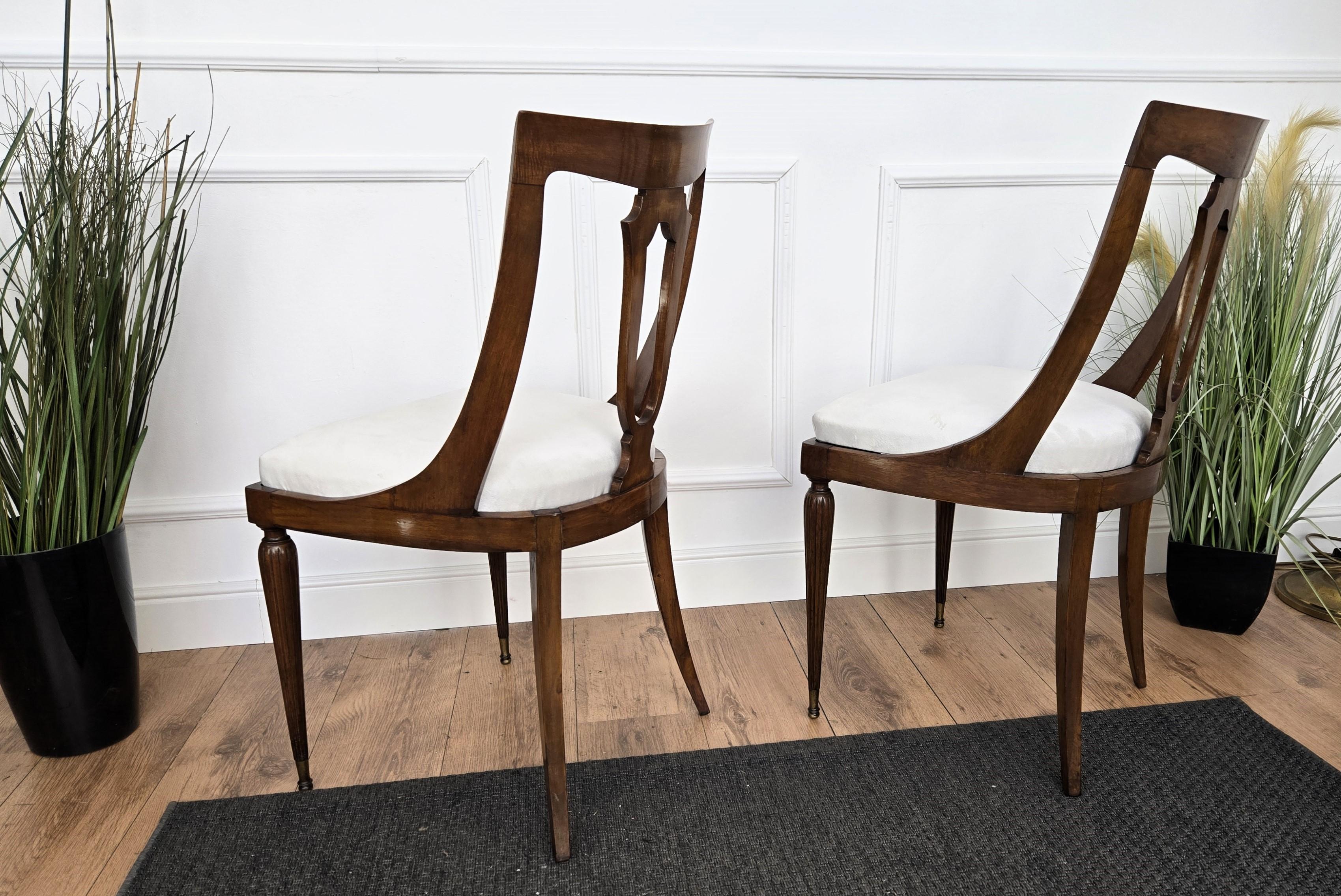 20th Century Set of 6 Gondola Biedermeier Italian Walnut Wood New Upholstered Dining Chairs