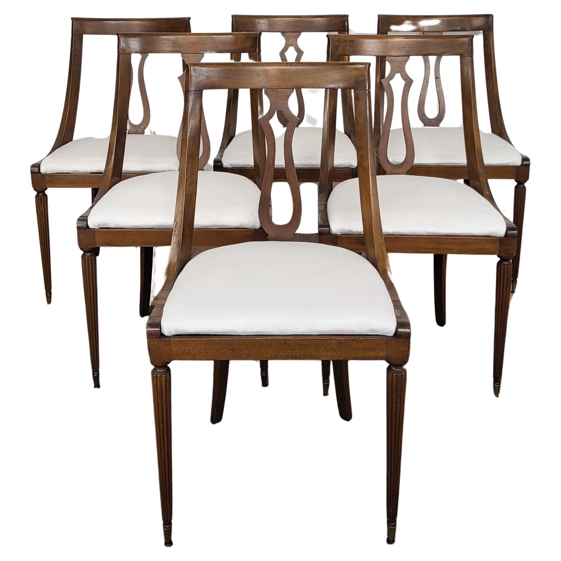 Set of 6 Gondola Biedermeier Italian Walnut Wood New Upholstered Dining Chairs