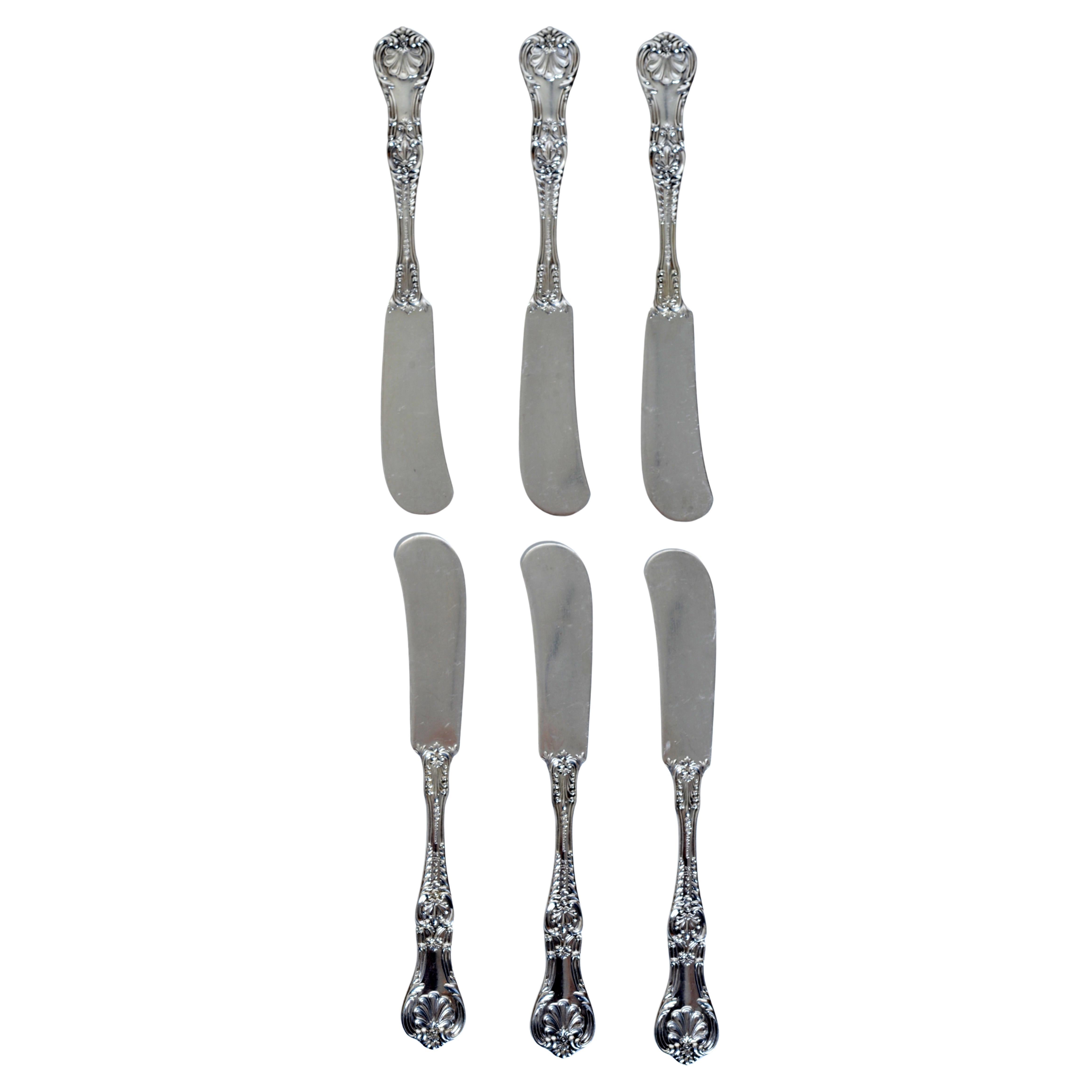 Satz von 6 Gorham King George Sterling Silber flache, massive Griff Butterspachtel im Angebot