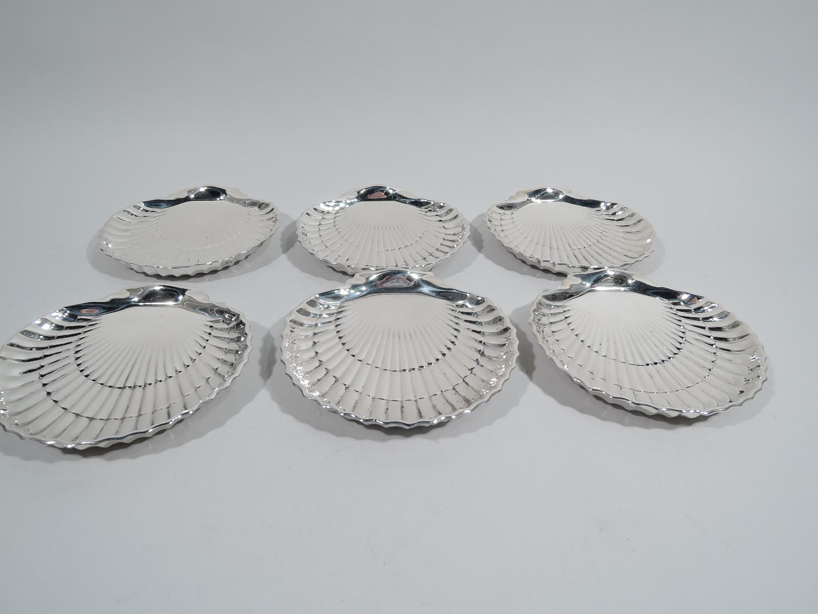 Set of 6 sterling silver seafood scallop shell plates. Made by Gorham in Providence. Each: straight and tiered flutes, scalloped rim, and 2 ball supports. The hard-to-find size for the new era of small dinner parties. Fully marked and numbered