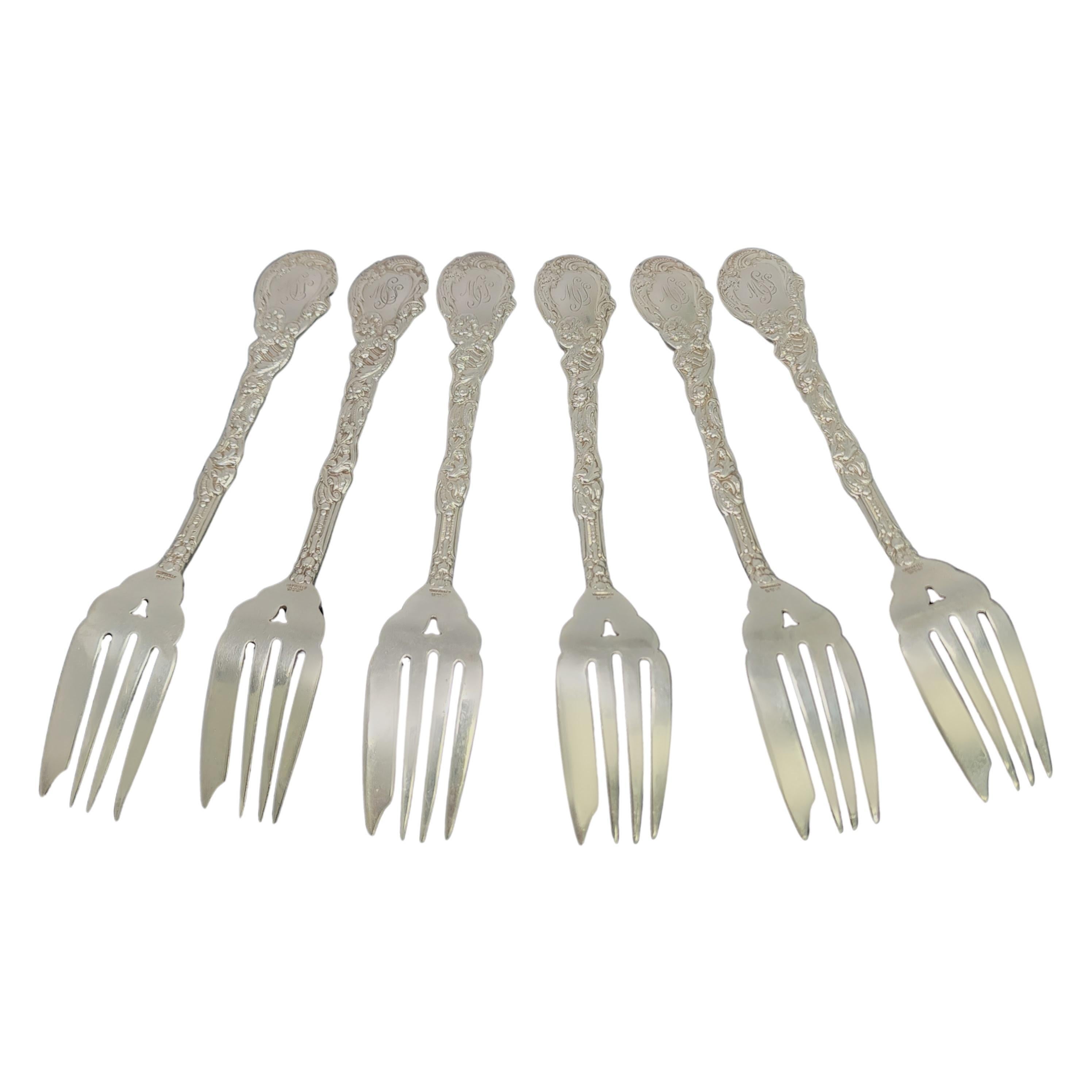 Set of 6 sterling silver pastry forks in the Versailles pattern by Gorham.

Monogram appears to be MSJ (see photo).

Gorham's Versailles is a multi motif pattern designed by Antoine Heller in 1885. Named for the Palace of Versailles, the pattern