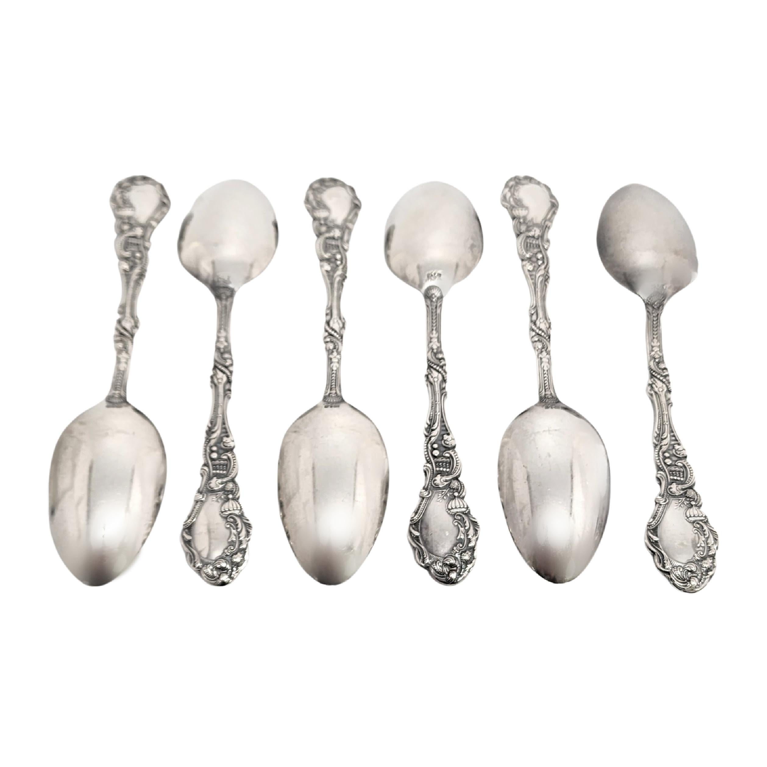 Set of 6 sterling silver teaspoons by Gorham in the Versailles pattern.

No monogram

Gorham's Versailles is a multi motif pattern designed by Antoine Heller in 1885. Named for the Palace of Versailles, the pattern depicts ornate scenes of Classical