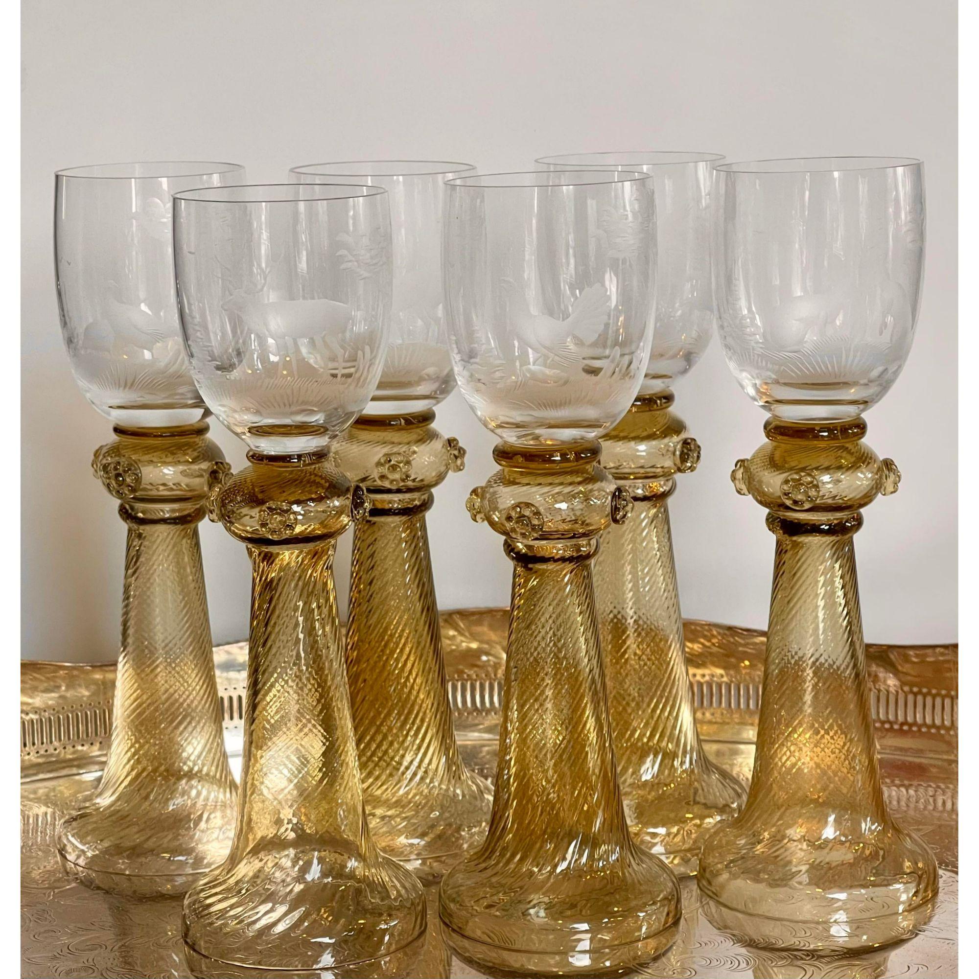 Gorsuch Glass Hunt Wine Stems W Engraved Animals. Each features an engraved game animal including rabbits, deer, pheasants. 

Additional information: 
Materials: Engraving, Venetian, Glass
Color: Yellow
Period: 19th Century
Styles: Boho Chic
Item