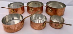 Set of Six Graduated French Copper Pans, Brass Handles, Semi Professional Grade