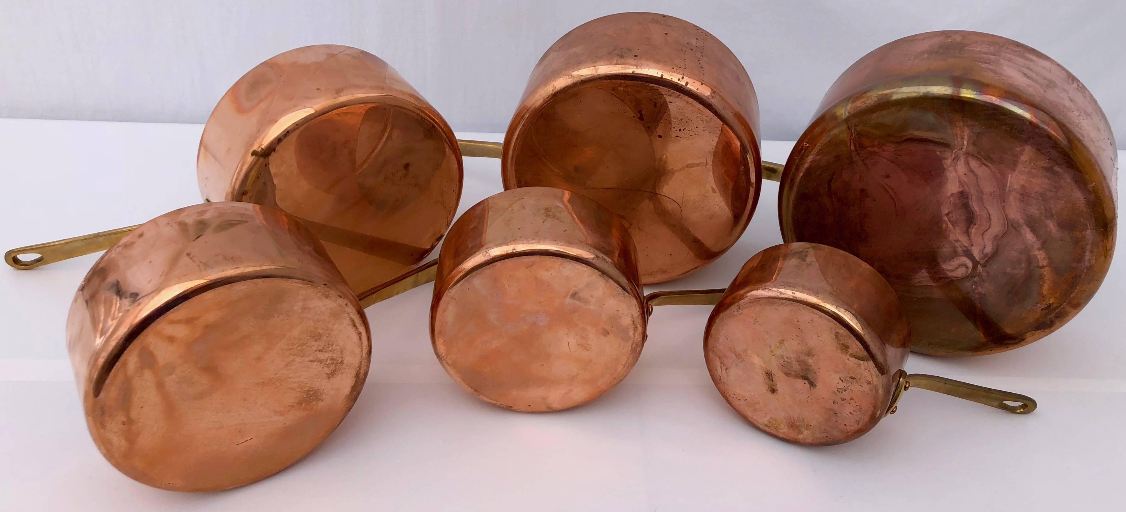 Set of Six Graduated French Copper Pans, Brass Handles, Semi Professional Grade For Sale 1