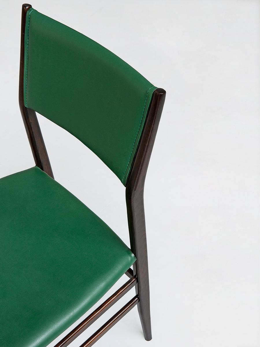 Faux Leather Set of 6 Green and Palissander Leggera Chairs by Gio Ponti Cassina 1950