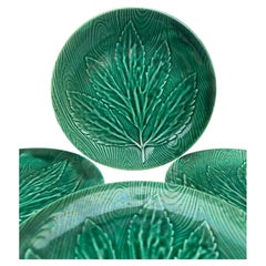 Set of 6 Green Majolica Leaf Plates Gien circa 1950