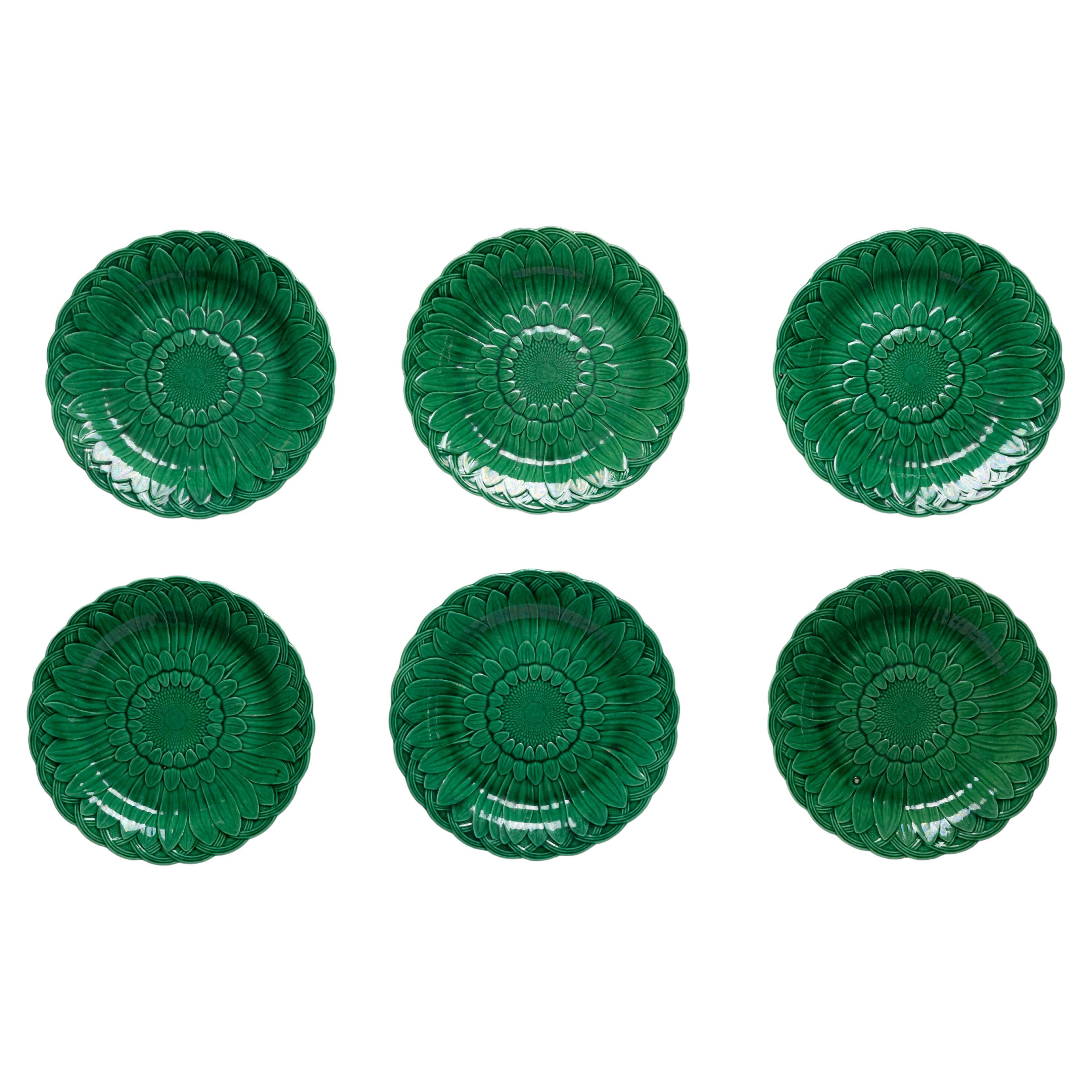Set of 6 Green Majolica Wedgwood Sunflower Plates For Sale