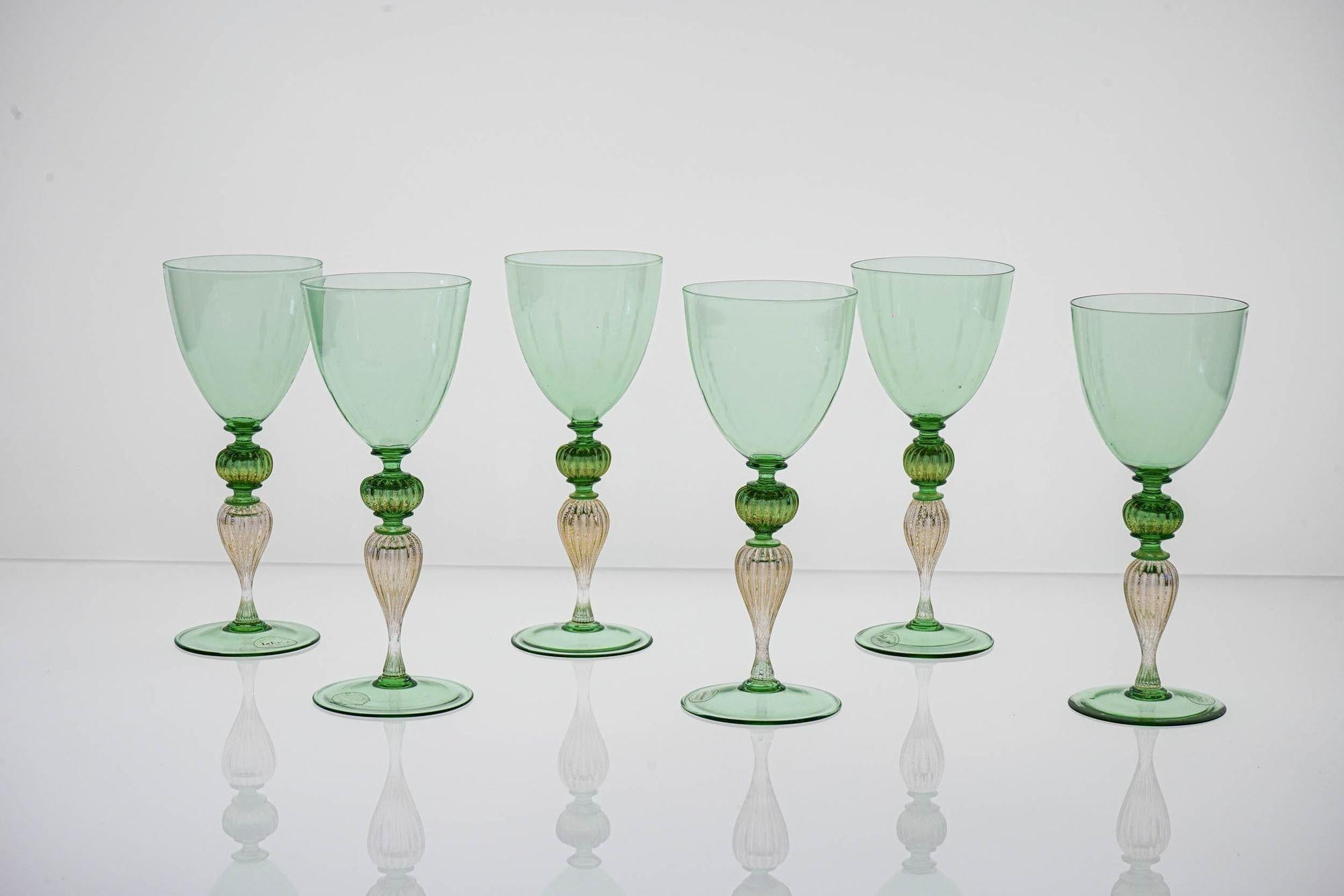 Set di 6 bicchieri da vino Greene & Greene. La Fenice. Foglia d'oro e gambo a coste. 3