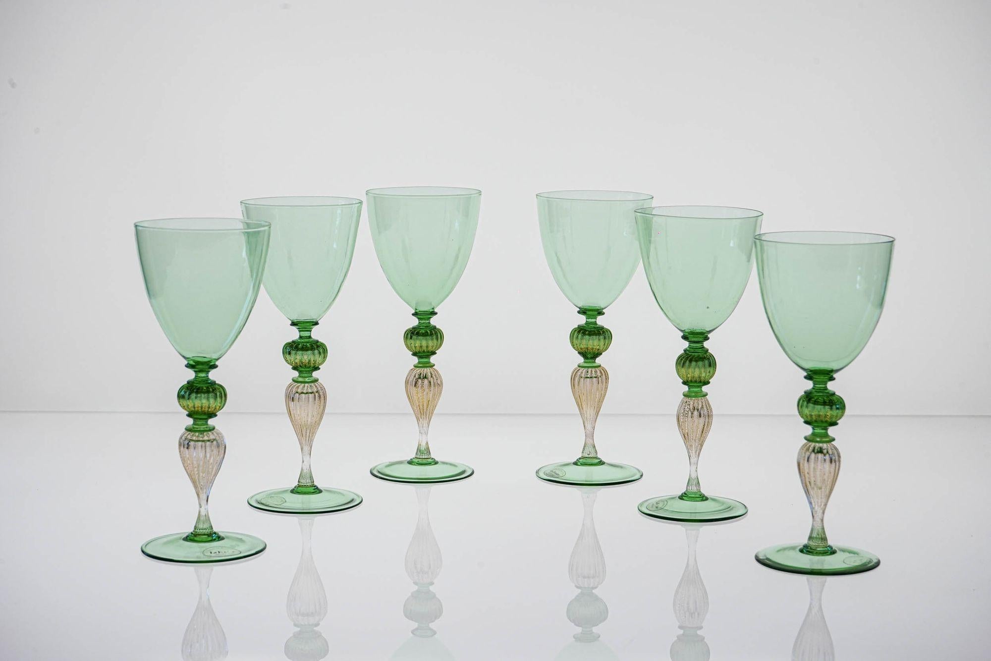 Set di 6 bicchieri da vino Greene & Greene. La Fenice. Foglia d'oro e gambo a coste. 5