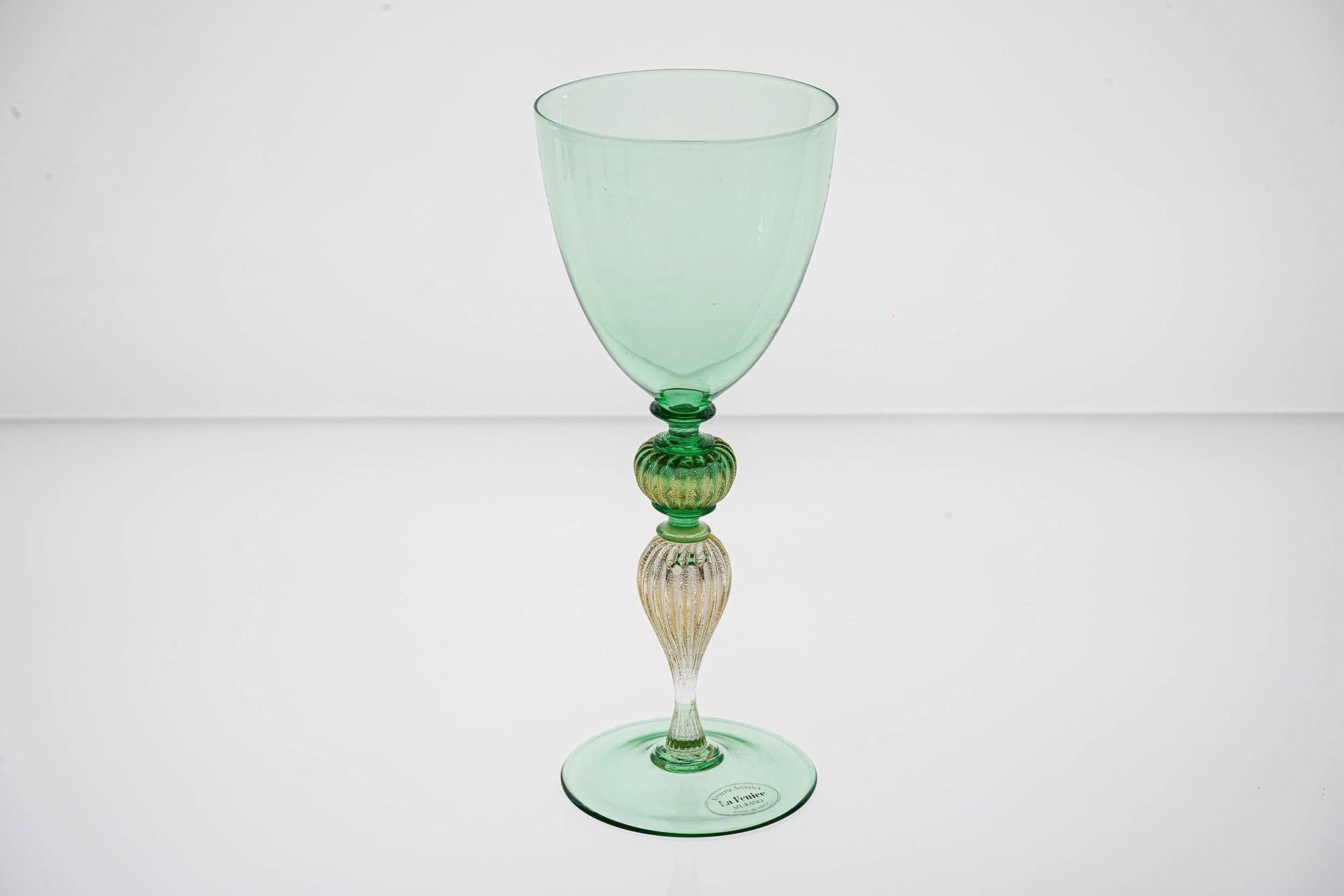 Set di 6 bicchieri da vino Greene & Greene. La Fenice. Foglia d'oro e gambo a coste. 6