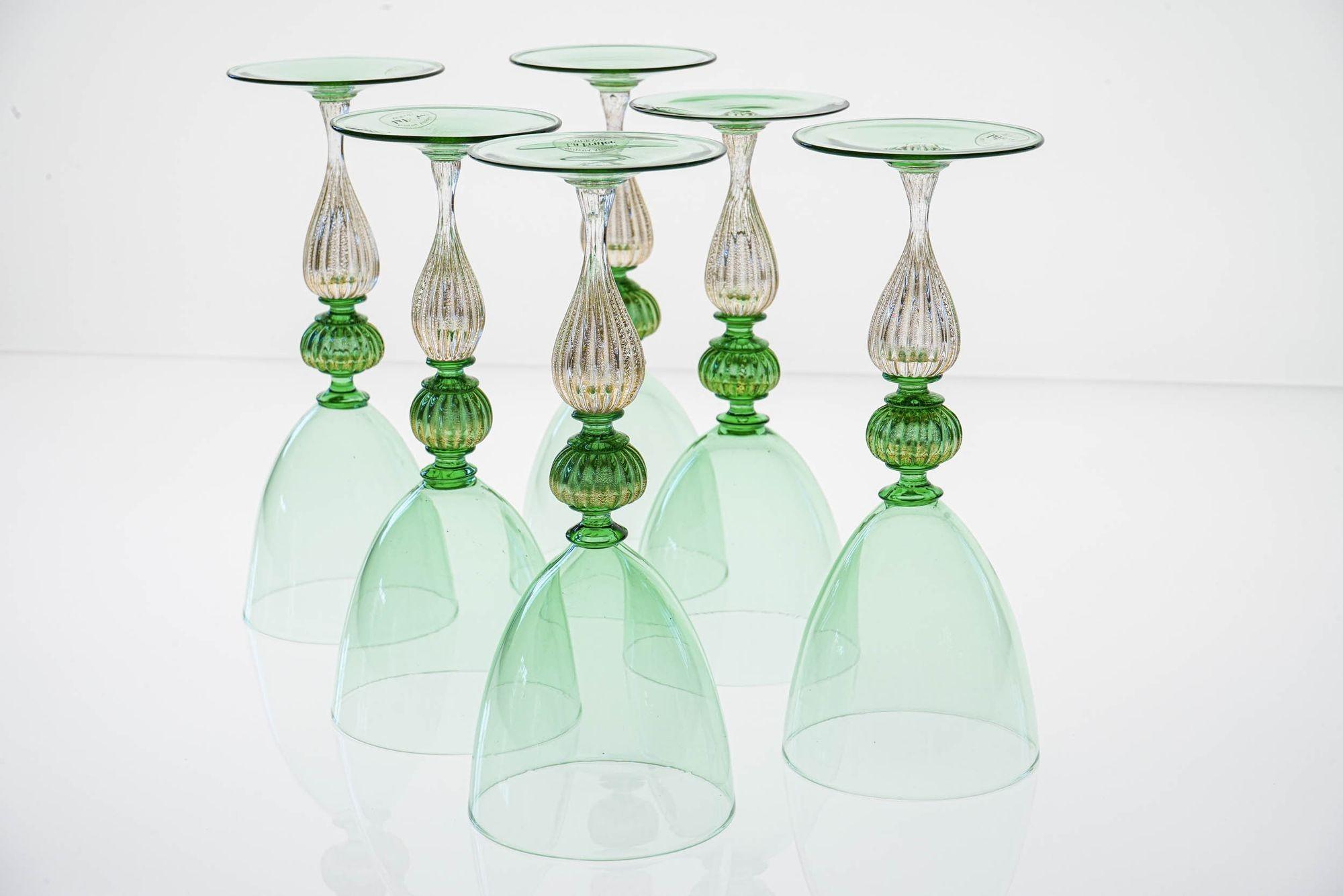 Set di 6 bicchieri da vino Greene & Greene. La Fenice. Foglia d'oro e gambo a coste. 9