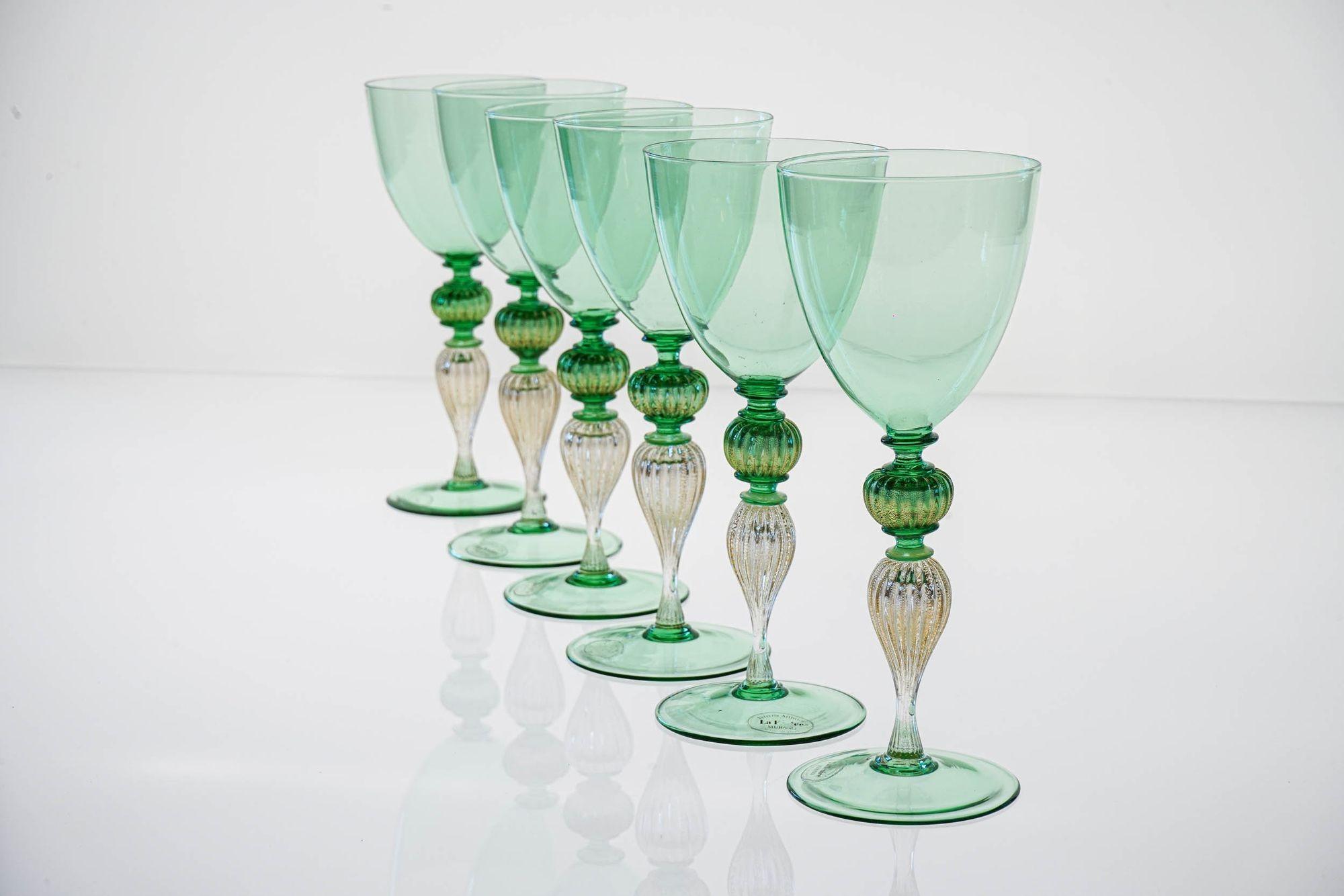 Set di 6 bicchieri da vino Greene & Greene. La Fenice. Foglia d'oro e gambo a coste. 11