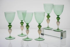 Set of 6 Green Murano Wine Glass. La Fenice. Gold leaf and ribbed stem.