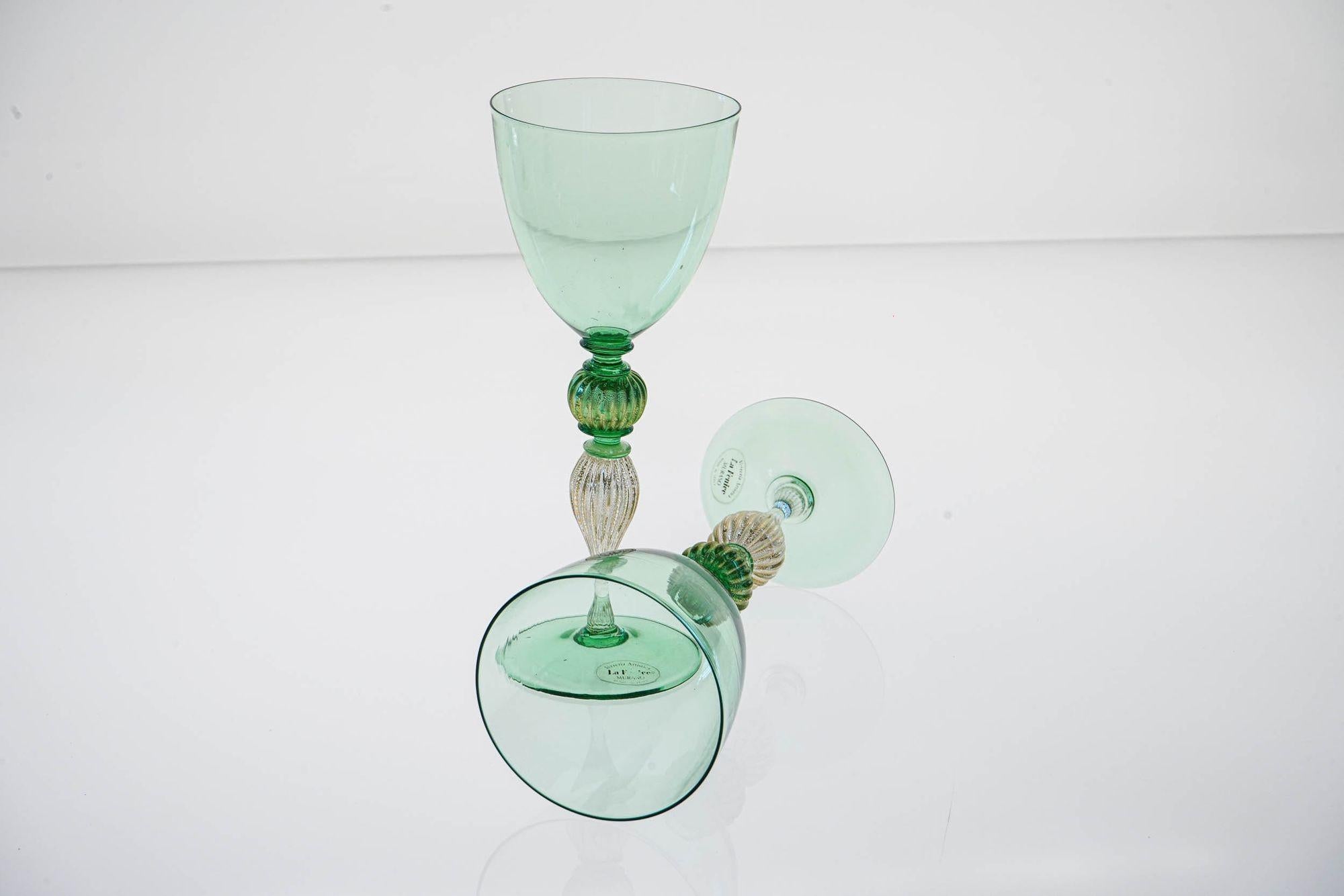 Mid-Century moderno Set di 6 bicchieri da vino Greene & Greene. La Fenice. Foglia d'oro e gambo a coste.