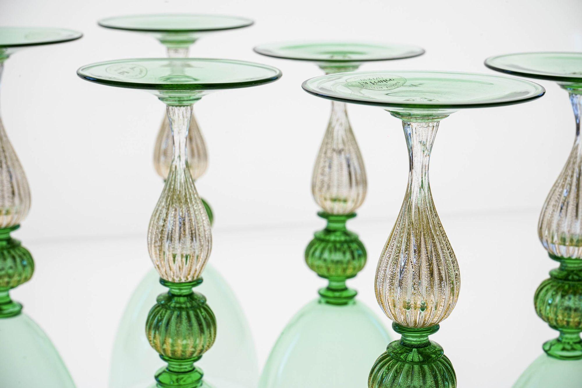 Set di 6 bicchieri da vino Greene & Greene. La Fenice. Foglia d'oro e gambo a coste. 2