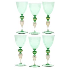 Set of 6 Green Murano Wine Glass. La Fenice. Gold leaf and ribbed stem.