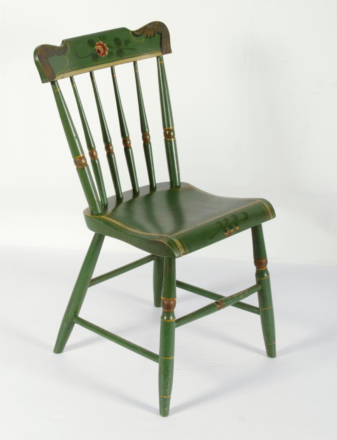 Set of 6, green, plank-seated, spindle-back, paint-decorated, Pennsylvania chairs, circa 1845-1870

Set of 6 paint-decorated, Pennsylvania, plank-seated chairs, in kelly green, decorated with red and white roses on angel wing crest rails. The