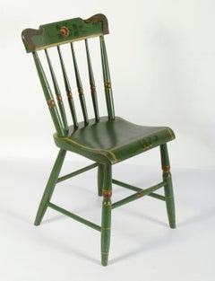 Set of 6 Green Plank-Seaded Spindle-Back Chairs with Rose Decoration