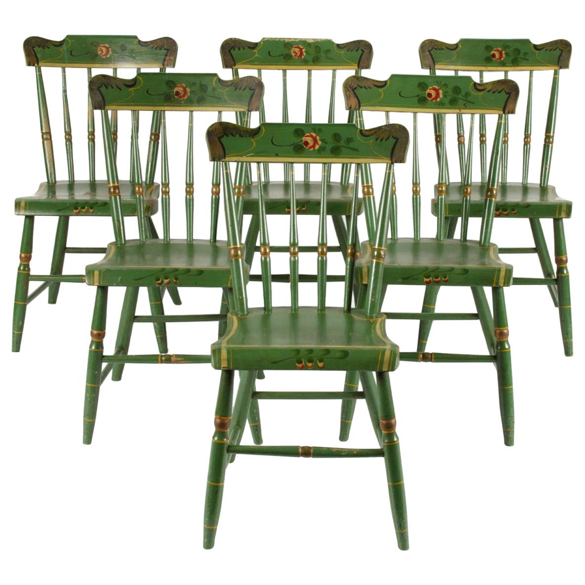 Set of 6 Green Plank-Seaded Spindle-Back Chairs with Rose Decoration