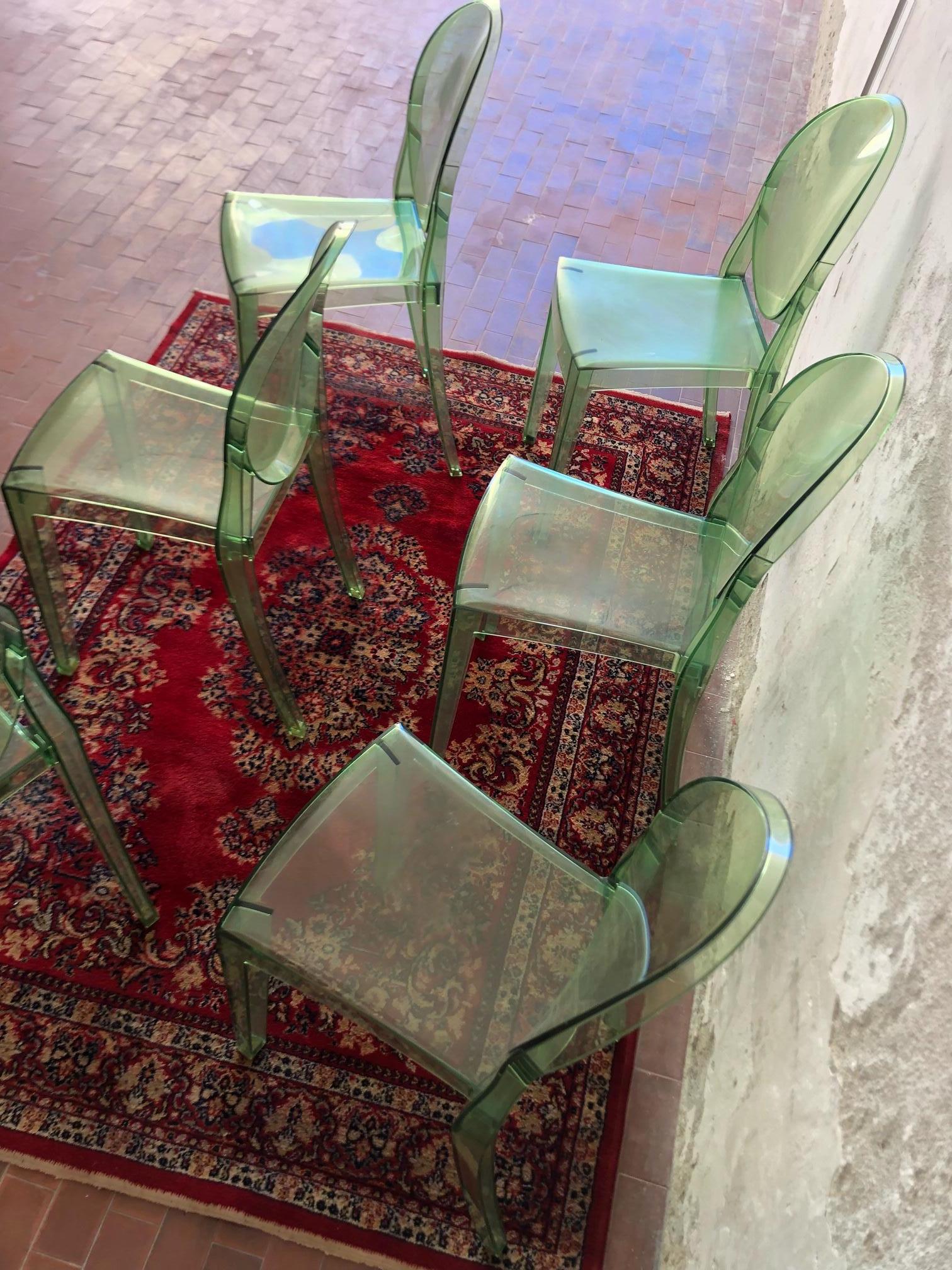 Set of 6 Green Transparent Chairs Ghost Kartell Designed by Starck, Used 2018 1